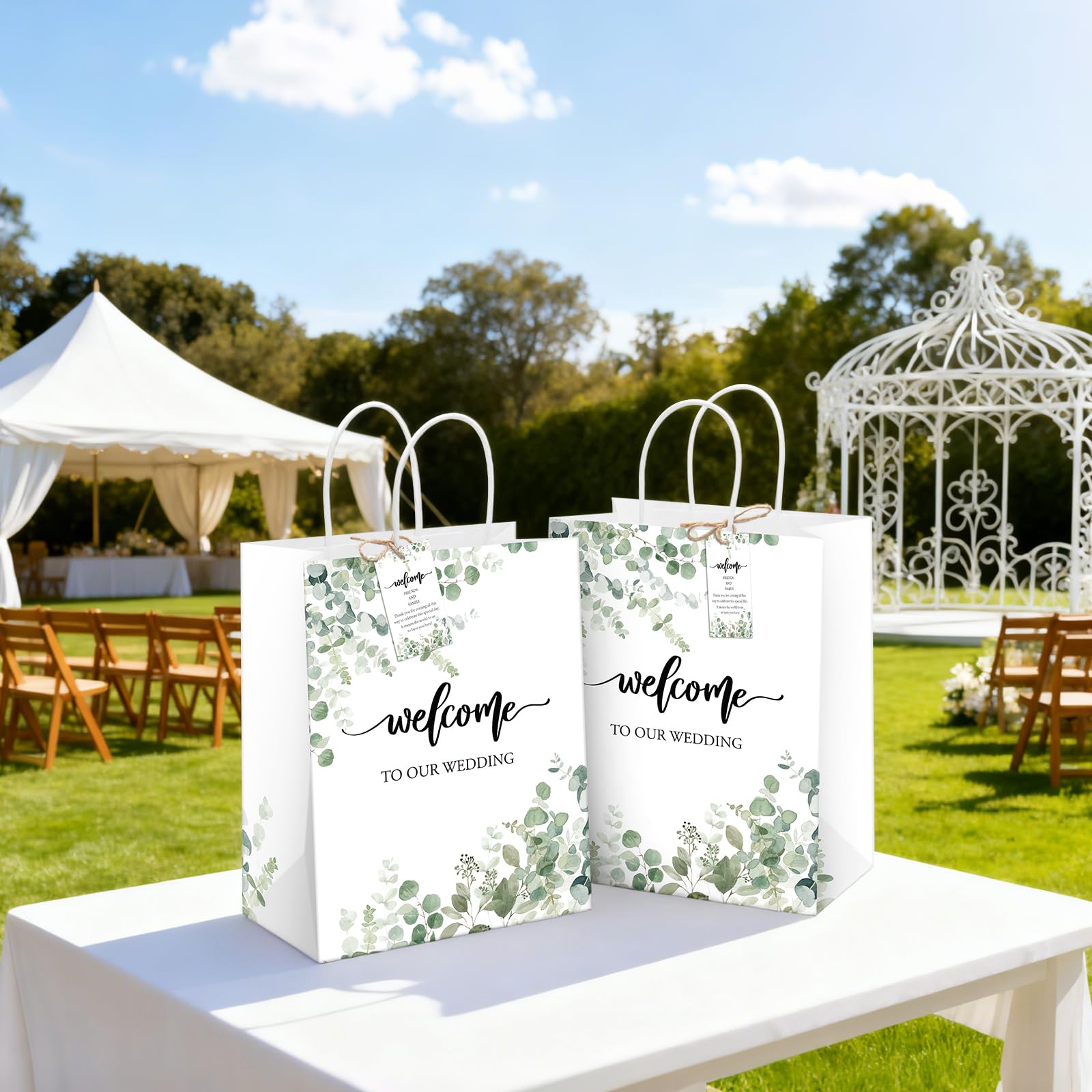 QIELSER 50 szt. torebek powitalnych dla gości weselnych luzem z metkami Witamy w naszych torebkach na prezenty ślubne z uchwytami na przyjęcie urodzinowe baby shower upominki materiały