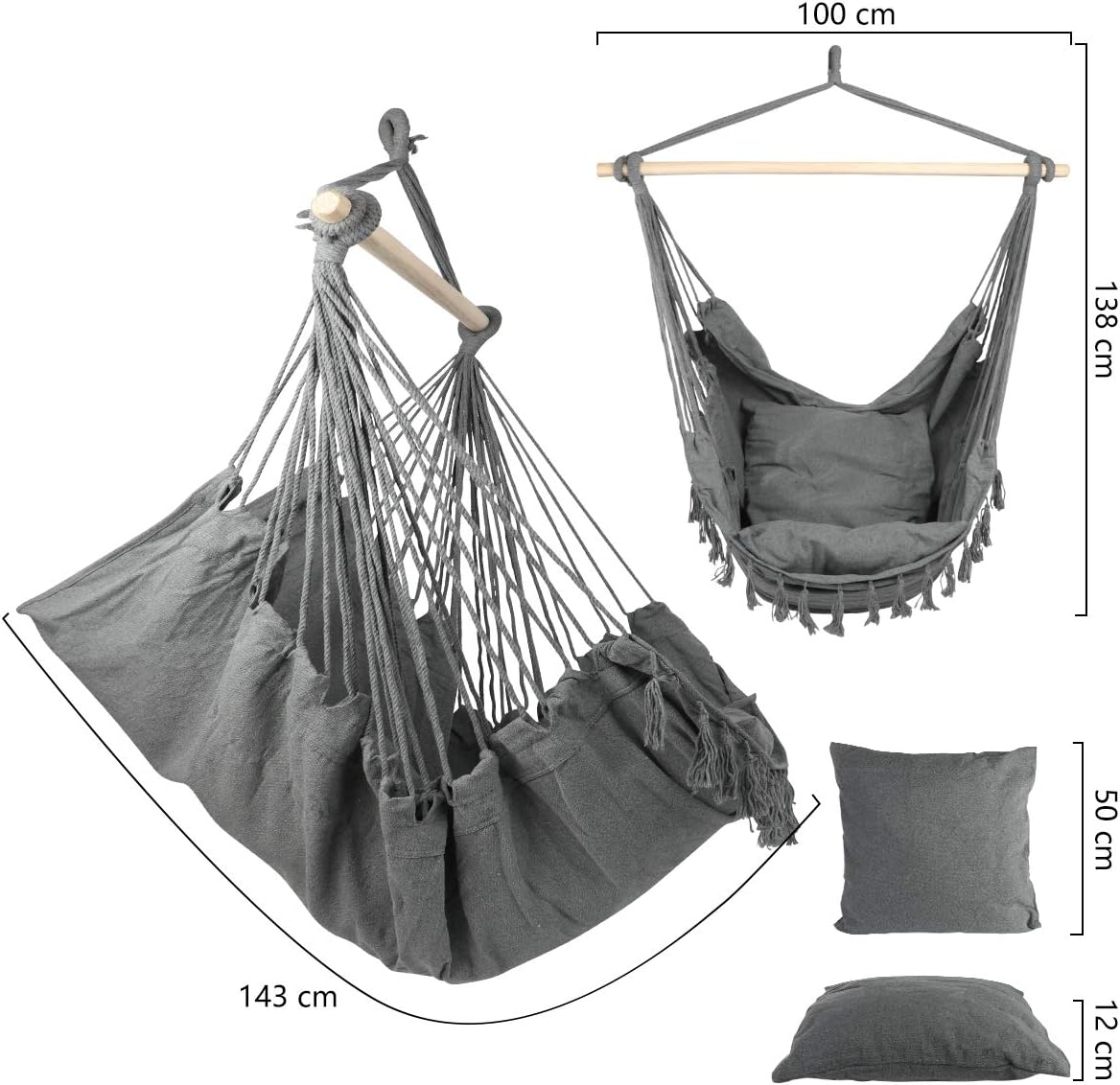 Hammock Chair, Hanging Rope Swing Seat for Indoor Outdoor, Soft Durable Cotton Canvas, 2 Cushions Included, Large Reading Chair with Pocket for Home, Bedroom, Patio, Porch (B-Gray)