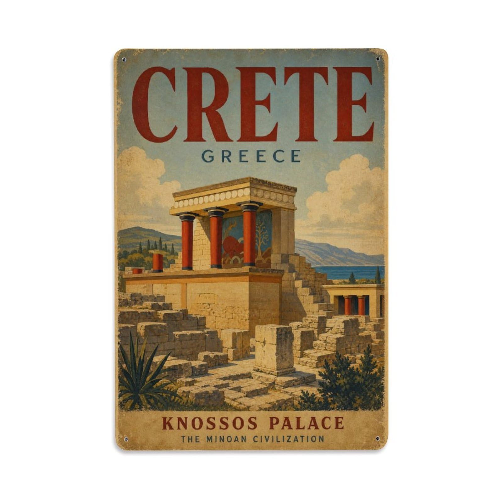 Retro Travel Greece Crete Metal Tin Sign Plaque Wall Decor for Cafe, Club Bar, Office, Garden Metal Poster 8x12Inch