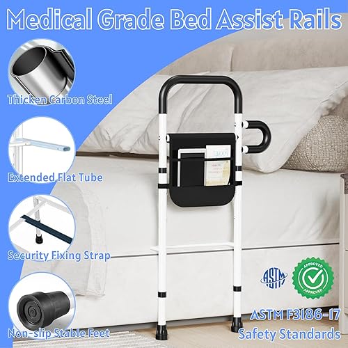 Miniatura 5 de Rieles de cama para adultos mayores, riel de asistencia médica con sensor de movimiento, luz LED y bolsa, barra de cama ajustable, pasamanos de