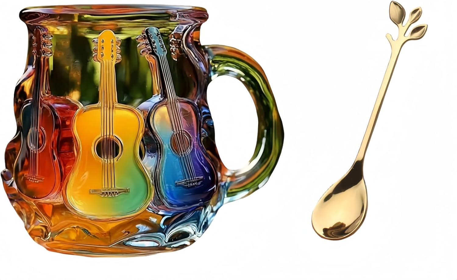 Hand drawn 3D guitar art glass coffee cup with exquisite coffee spoon, 15 ounce premium rainbow finish embossed texture cup, a unique gift suitable for both men and women