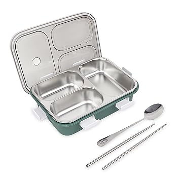 3 Compartment Stainless Steel Lunch Box (750ml) - Ideal for On-The-Go Dining, Leak-Proof Design - Versatile and Durable Bento Box (Green)
