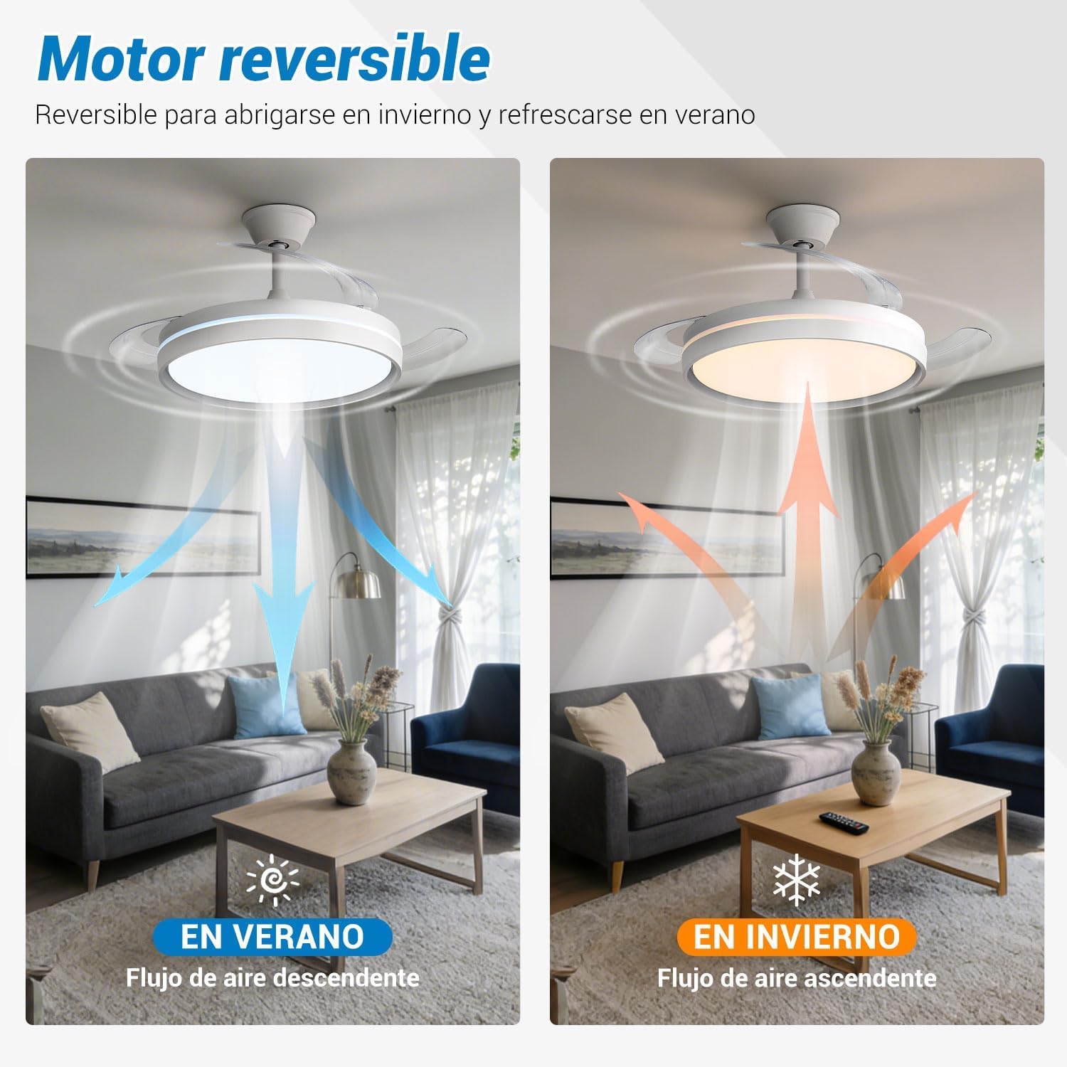 Ventilador de Techo DC Blanco 107cm con Luz LED Regulable 3000-6500K - 6 Velocidades, Silencioso y Bajo Consumo, 3 Aspas Retráctiles, Mando a Distancia, Temporizador, Función Verano-Invierno