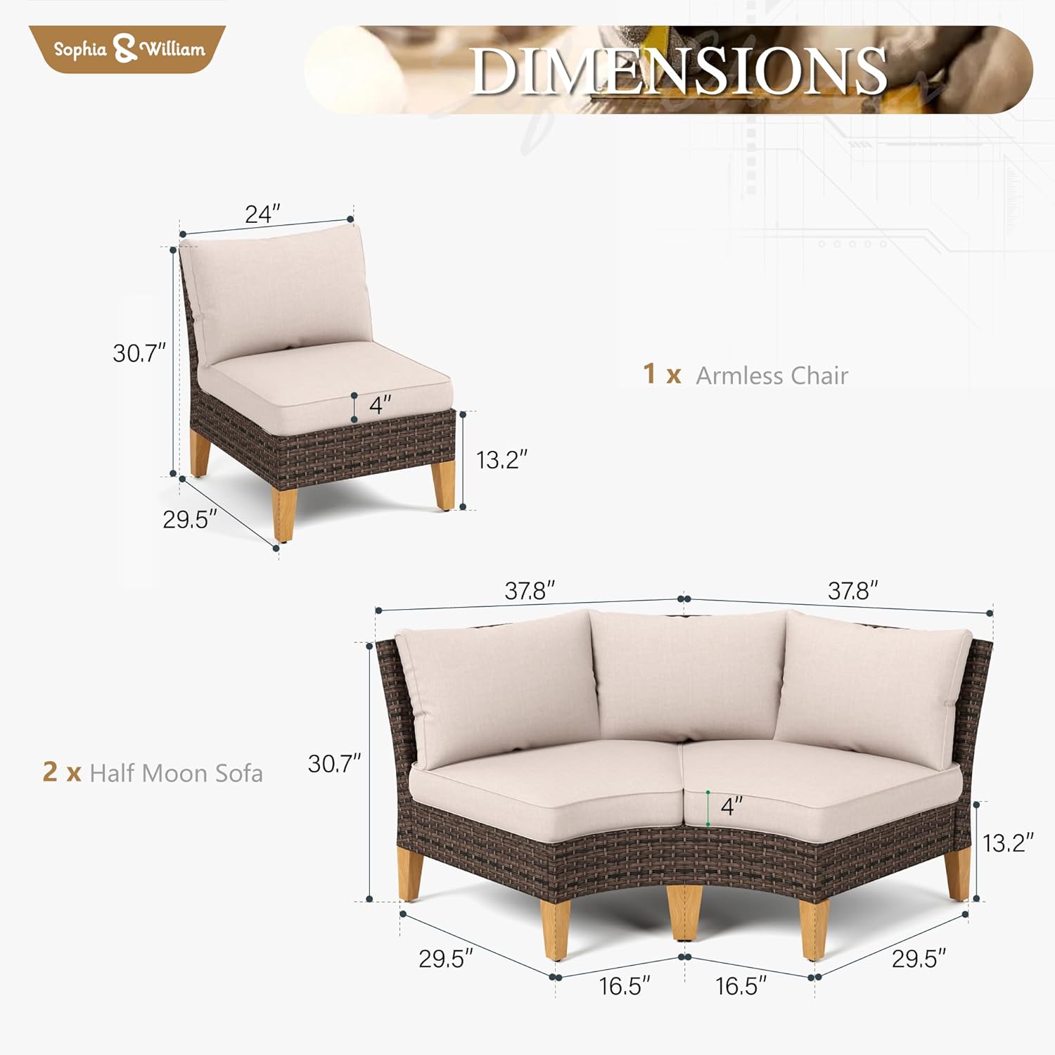 Sophia & William Patio Furniture Set, 5 Piece Half Moon Outdoor Wicker Sectional Sofa Set, Rattan Conversation Set for Backyard, Deck, Pool(Beige)