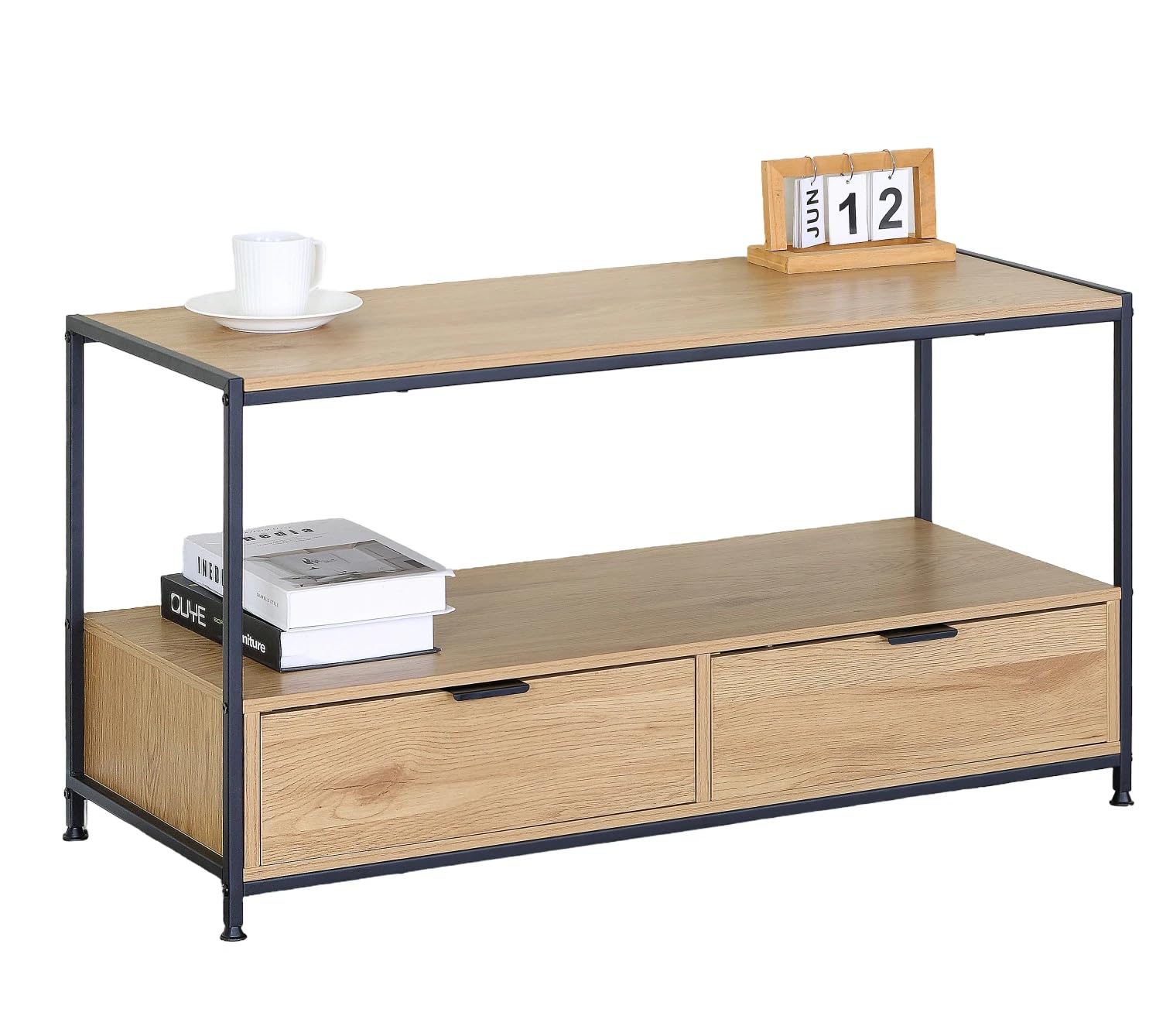CELINO making your day Coffee Table with 2 Drawers Storage Oak Effect Large Centre Table Durable 2 Tier Wooden Tables with Storage & Metal Legs Living Room Furniture 100×40×54 cm