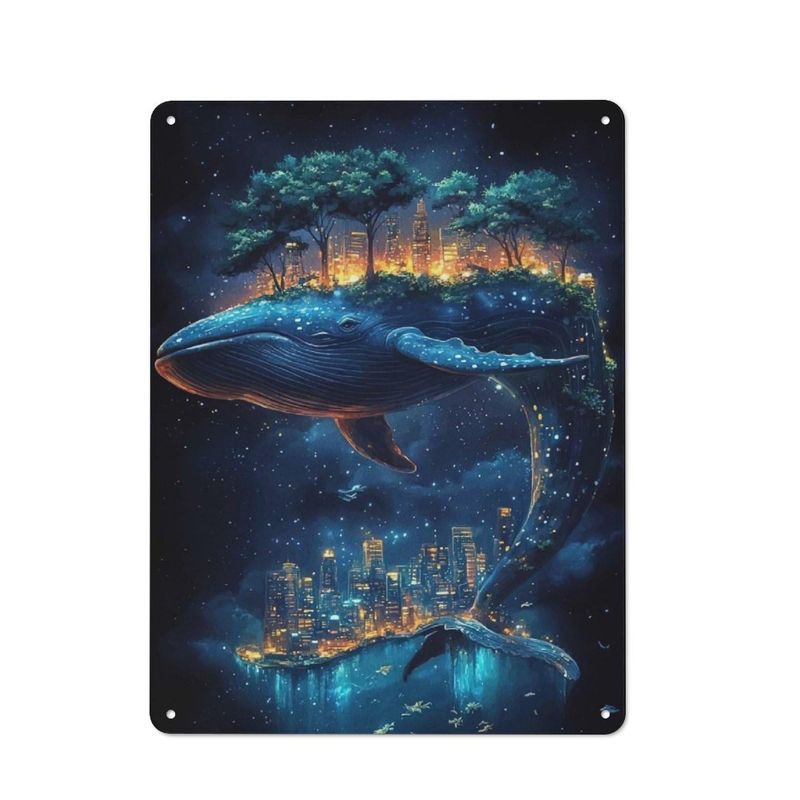 Vintage Whale Cityscape Starry Night Decorative Tin Plaque 40x30cm, Room Wall Plaque for Hallway, Home Bar, Garage Or Study