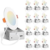 Amico 12 Pack 4 Inch 5CCT Ultra-Thin LED Recessed Dimmable Can/Ceiling Light with Junction Box, 2700K/3000K/3500K/4000K/5000K Selectable, 11W Eqv 70W, 800LM High Brightness Wafer Downlight - ETL&FCC