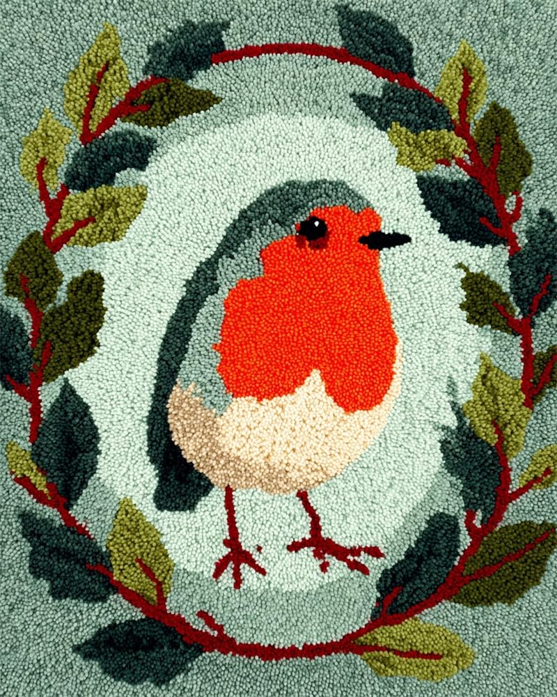 FWRTYCB 3D Latch Hook Rug Kit Robin Standing Inside a Wreath