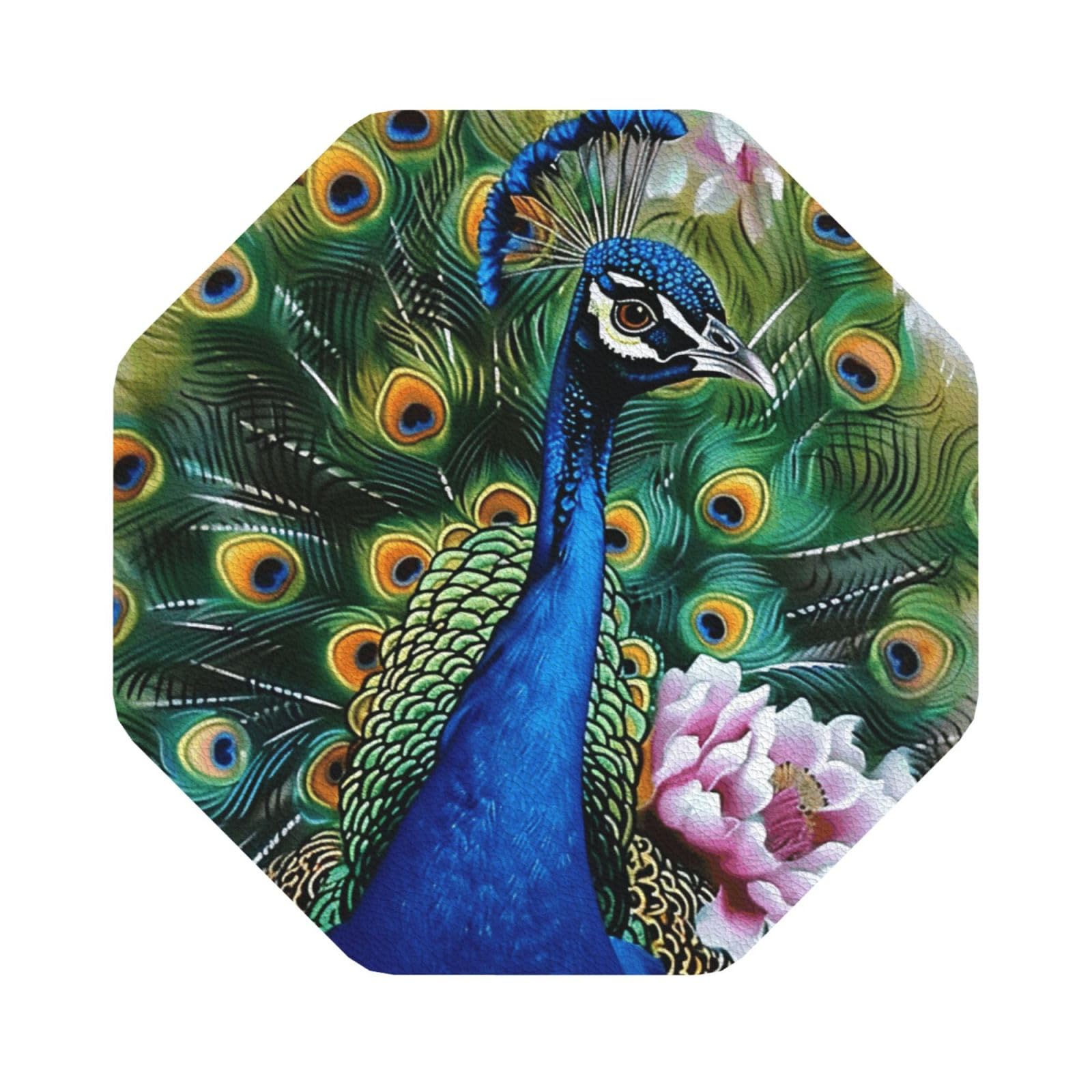 Peacock Print Leather Coaster Set of 6, Octagon Coasters Table Decorative Coffee Cup Beverage Coasters Wine Beer Bar Coasters for Hot Drinks Table Protection