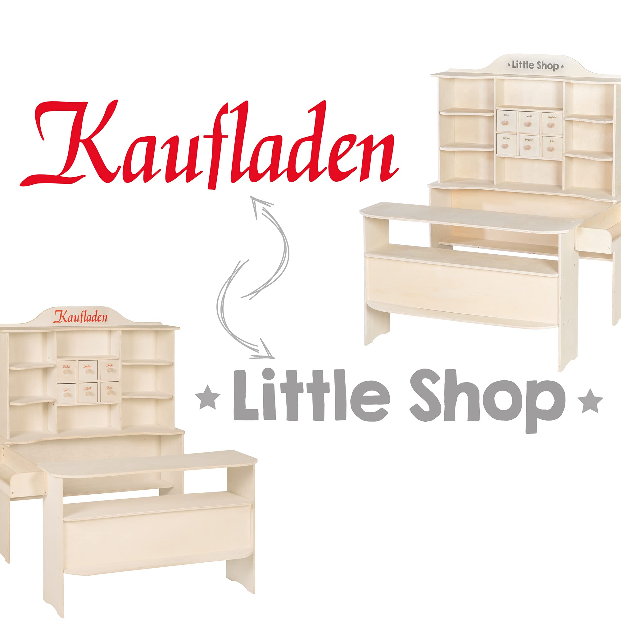 roba Grande Marchande Enfant en Bois non Traité - 8 Compartiments et 6 Tiroirs - Stand de Vente Spacieux avec 2 Comptoirs - Hauteur 120 cm - Naturel, Épicerie Grand