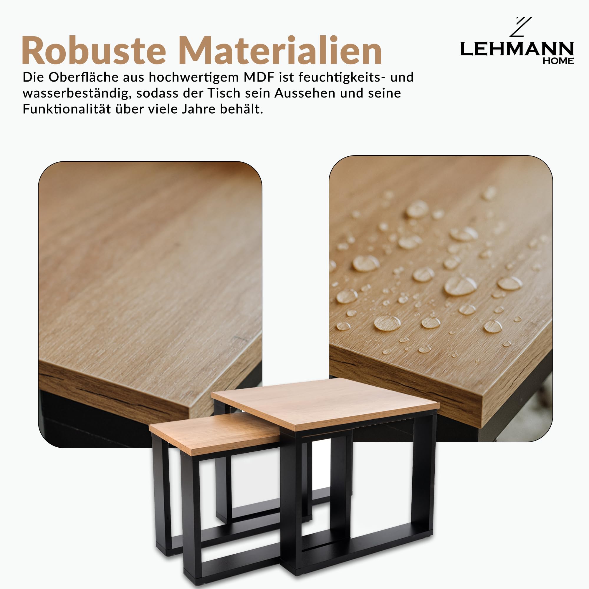 LEHMANN Wohnzimmertisch Holz, Couchtisch 2er Set in 2 Größen, Beistelltisch Holz, Wohnzimmer Tisch für Couch mit Schwarzem Gestell und Holzplatte, beistelltische fürs Wohnzimmer Set, Simple modern