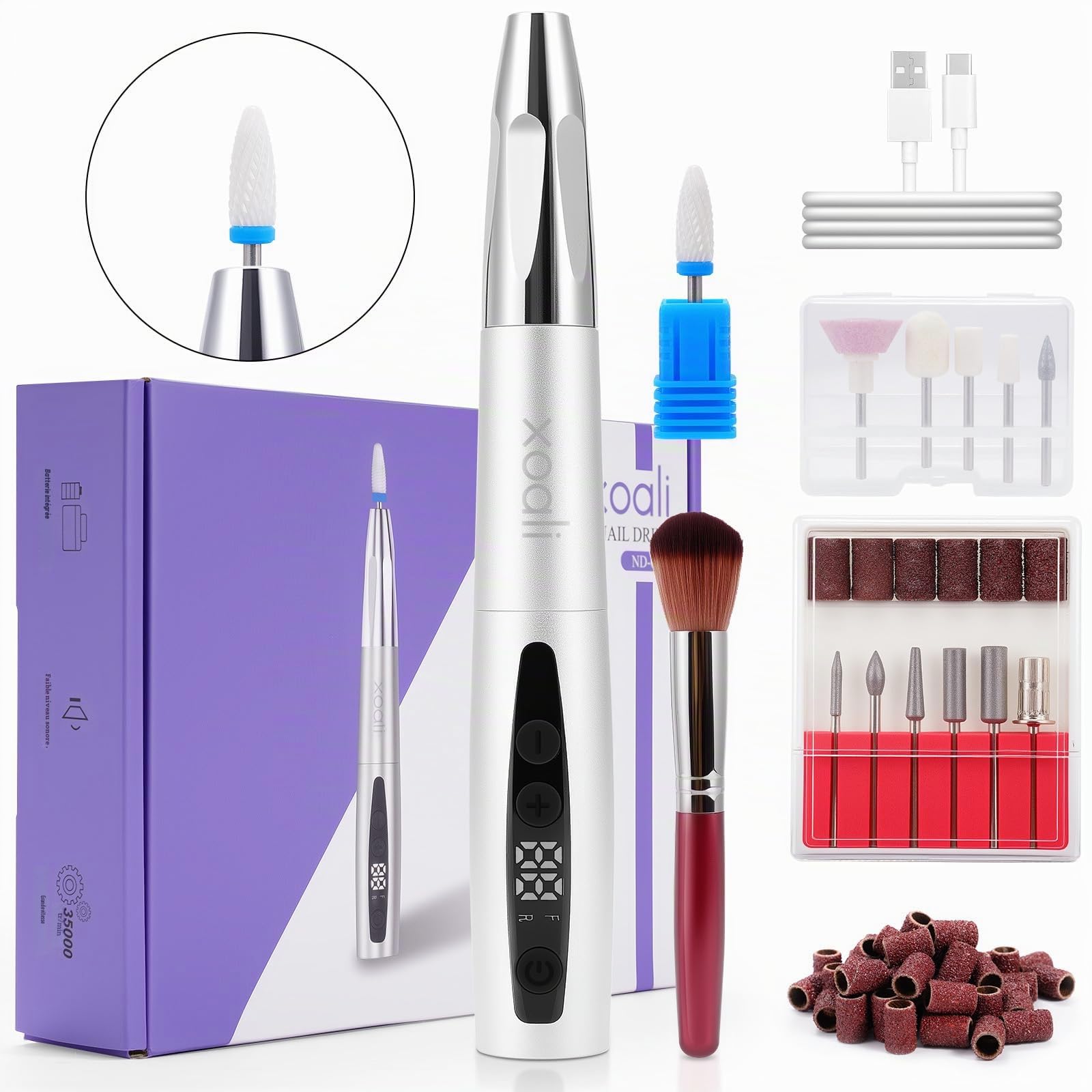 Xoali Ponceuse pour Ongles Professionnel 35000 tr/min,13 en 1 Lime a Ongle Electrique Sans Fil avec écran LCD,Kit de Manucure Pédicure Vitesse Réglable (Silver)