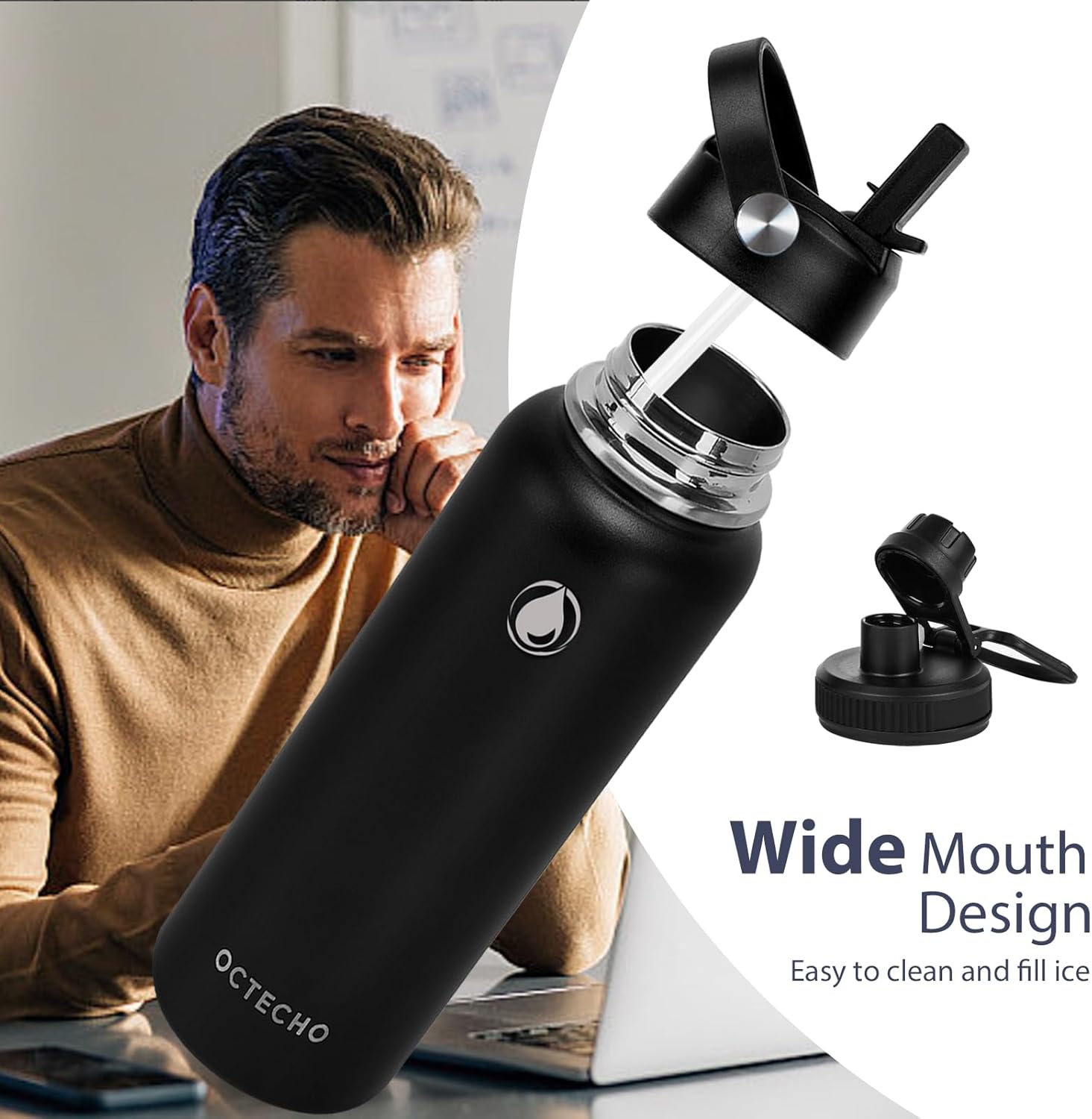 Metal Water Bottle with Straw, 1200ml Stainless Steel Water Bottle 2 Leakproof Lids, BPA Free Double Walled Vacuum Insulated Water Bottles Thermal for 12h Hot & 24h Cold,for Man,Woman-Black