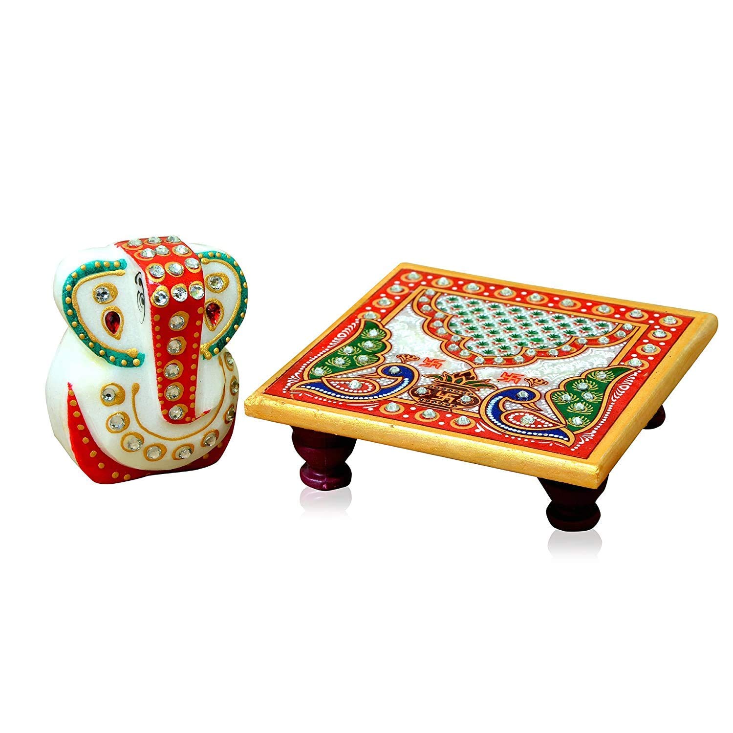 BENAVJI Marble Chowki with Ganesha Idol Hand Painted Ganesh Marble Base Home Decor Traditional Decorative Gift Pooja Wedding Showpiece with Roli Moli - Image 3 thumbnail