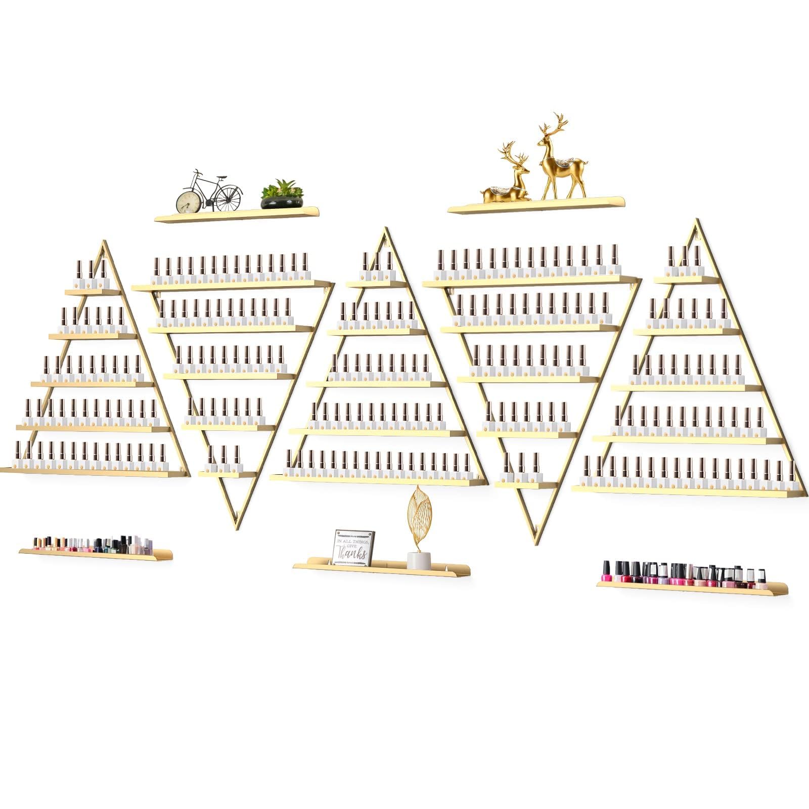 10PCS Metal Wall-mounted Nail Polish Storage Racks, Lorvain 5 Tiers Gold Triangular Display Rack Cosmetic Display Cases Lipstick Perfume Wall Shelf Essential Oil Organizer for Home Spa Nail Salon Shop