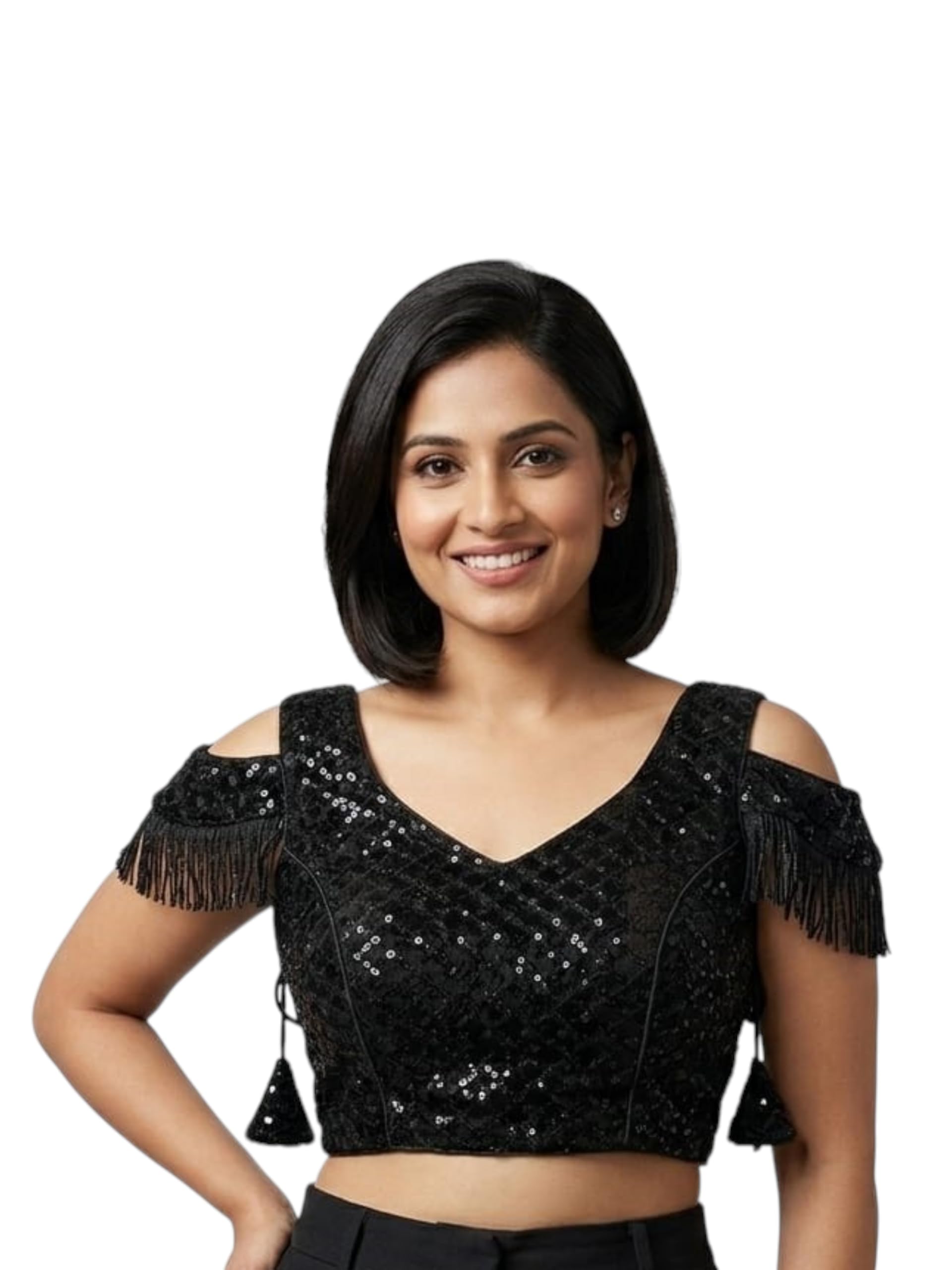 Women’s Black Sequin Blouse for Saree | Designer Cold Shoulder Tassel Sleeve Readymade Blouse for Women & Girls-image-48