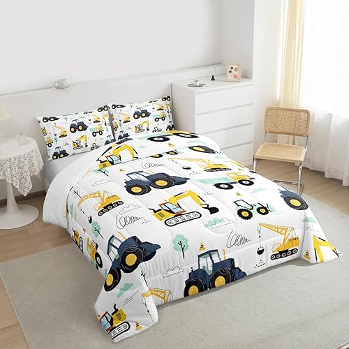 Miniatura 3 de Juego de edredón de coches de dibujos animados para niños individual, juego de edredón de vehículos de construcción para niños, niñas y