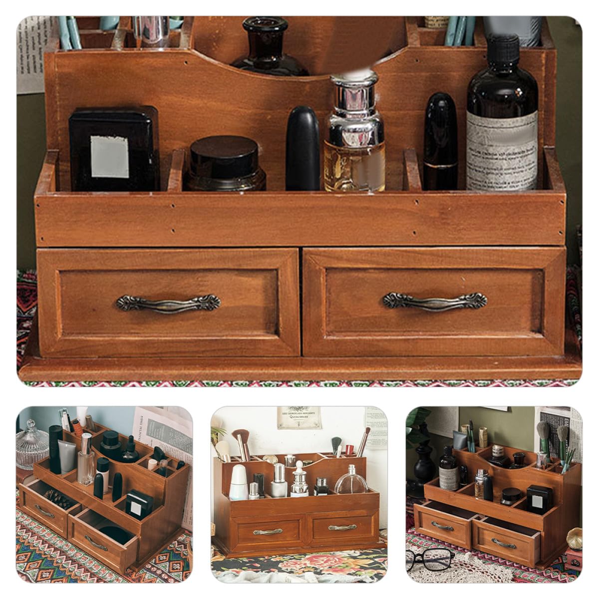 Tofficu Vintage Schmuckaufbewahrung Vintage mit 2-gitter Schubladendesign Großer Stauraum und Flexibler Schreibtisch Organizer für Make Up und Schmuck