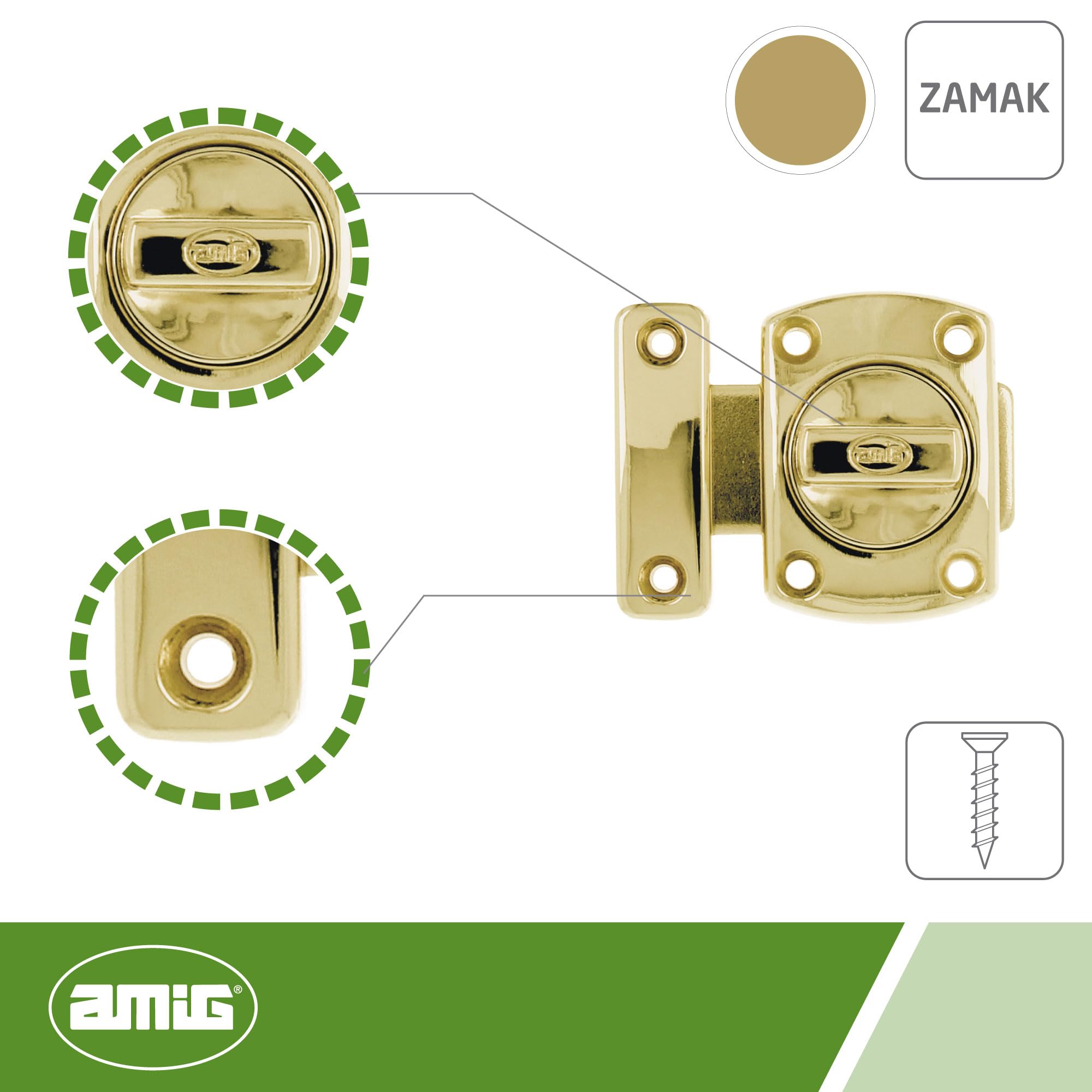 Amig - Perno sovrapposto - 40 x 56 mm - Adatto per porte di passaggio in legno - Chiusura cilindrica girevole - Chiusura per bagno, camera da letto o ufficio - Chiusura di sicurezza - Zama dorato
