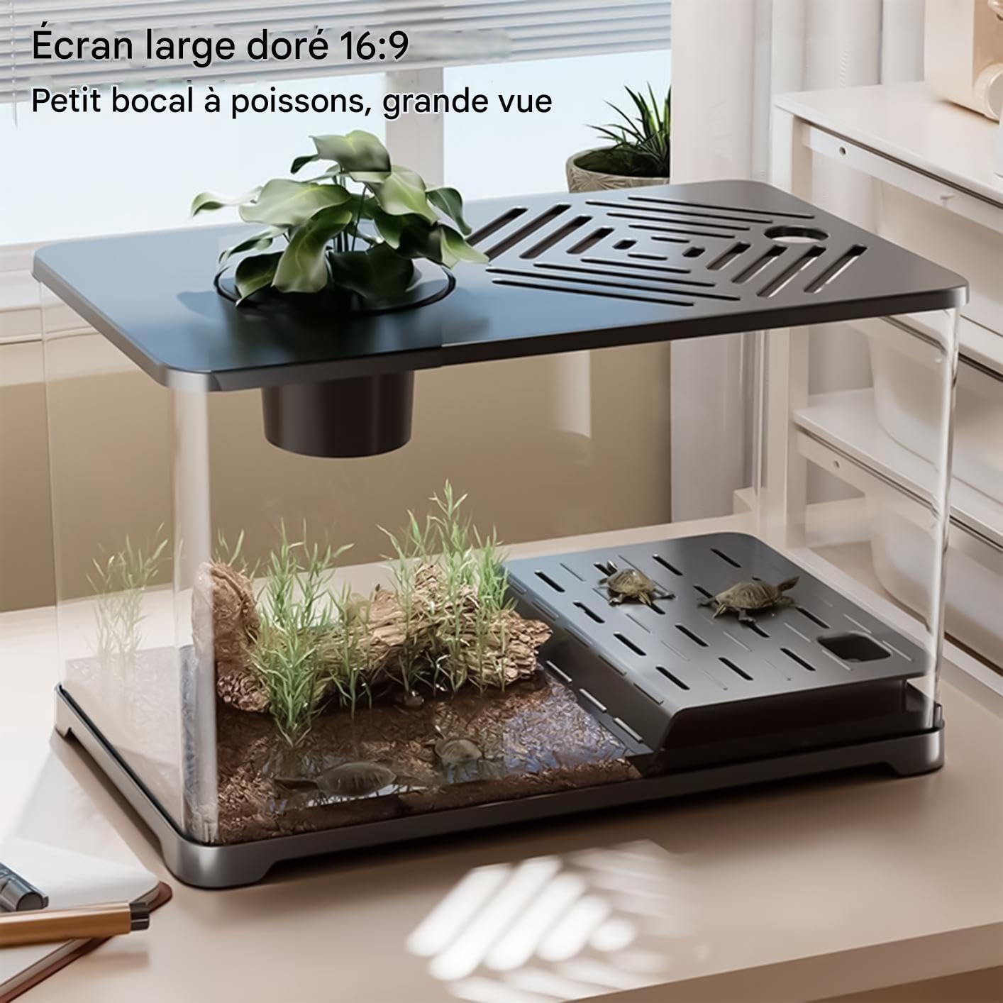 Aquarium Kit de Démarrage pour Grand Aquarium à Poissons Rouges | Conteneur Moderne Panoramique Avec Zone Repos Tortue Pour Guppy Betta Méduse Crevette Appartement Bureau Domestique