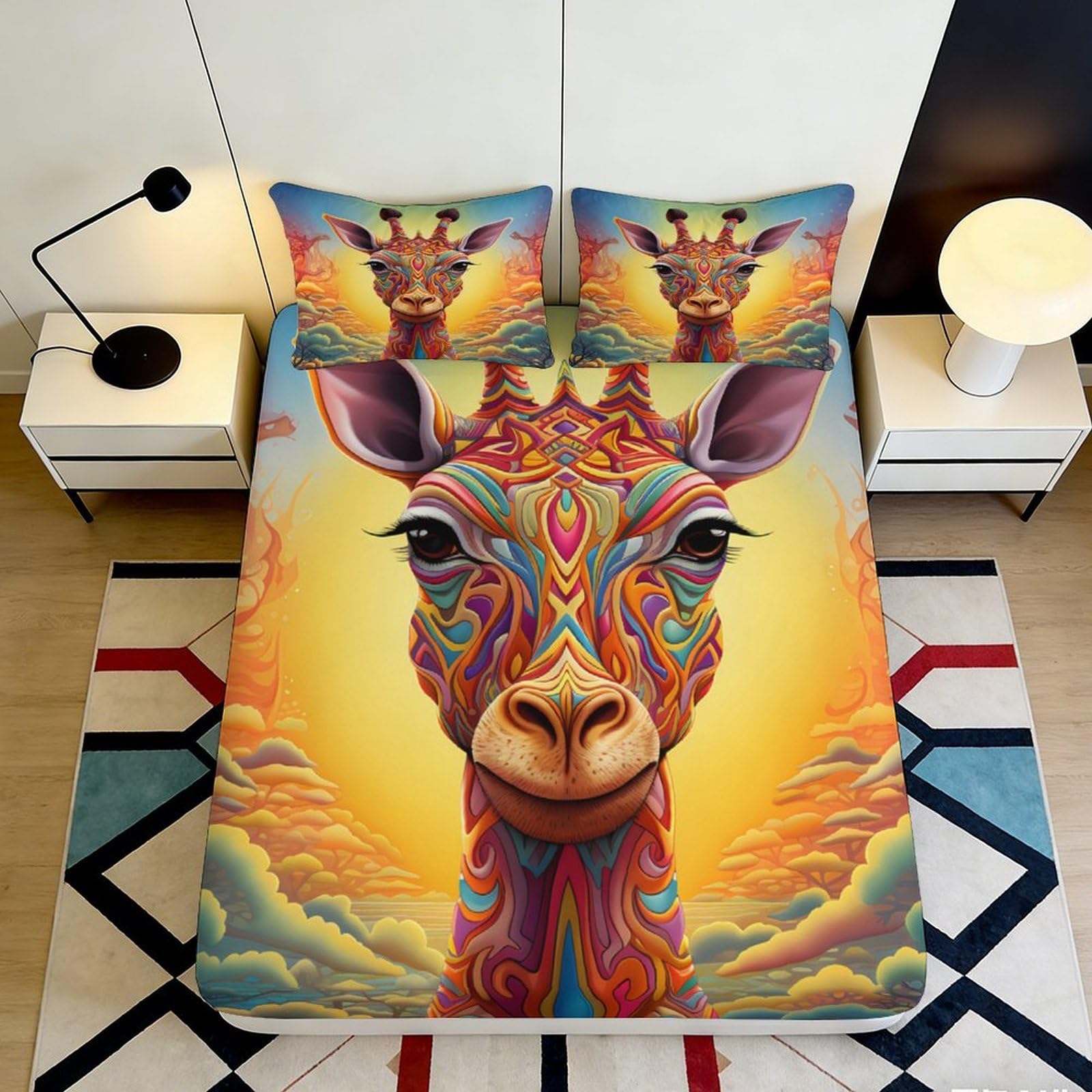 3D Printed Colorful Giraffe Fitted Sheet Microfiber Soft Breathable Vibrant Animal Bed Cover for Bedroom Dormitory Guest Room Mattress Protection 200x200x25cm