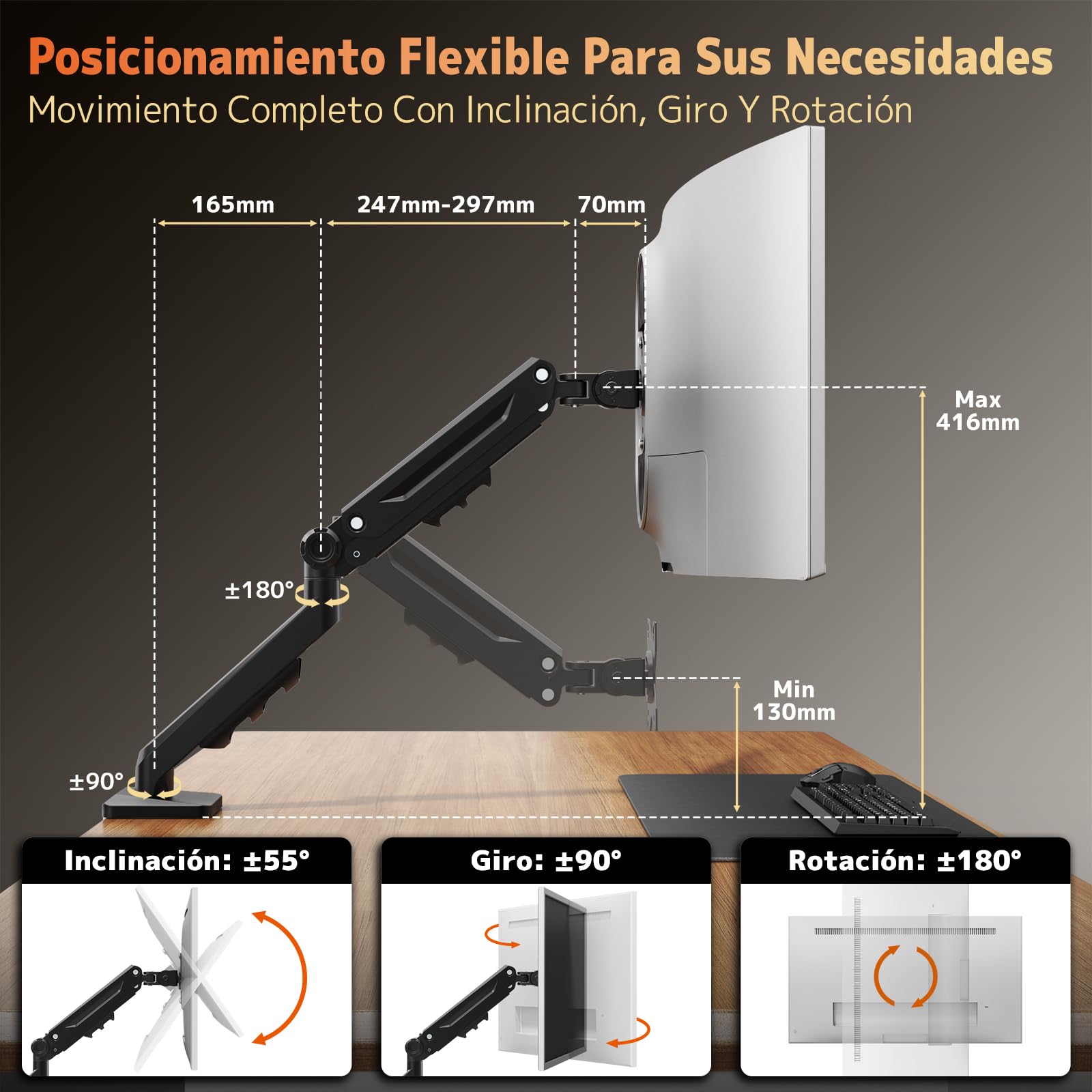 PUTORSEN Soporte de monitor para pantallas de 13 a 40 pulgadas - Brazo para monitor de mesa con muelle de gas - ergonómico y ahorra espacio, altura regulable, inclinación y giro, soporta hasta 12 kg