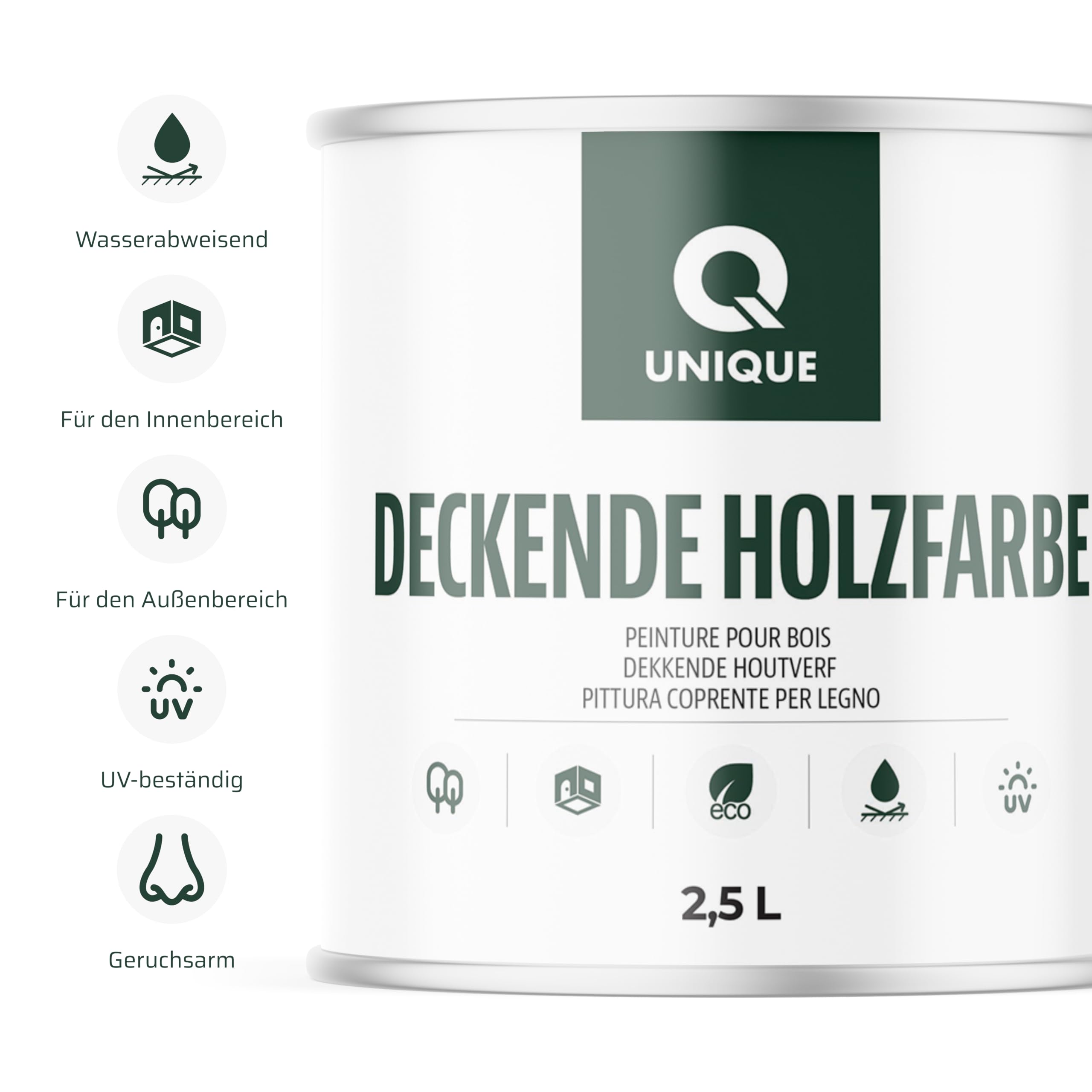 Q UNIQUE Deckende Holzfarbe Innen & Außen – Wasserbasierte Wetterschutzfarbe für Holz, MDF, HDF & OSB – UV-beständig, wetterfest – Für Gartenmöbel & Holzzaun – Hochglanz, Satin, Halbmatt