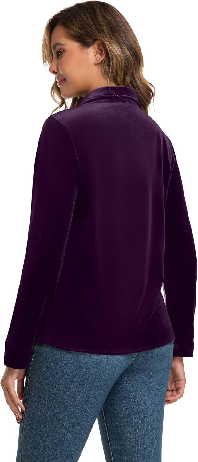 Womens Velvet Tops Casual Vintage Long Sleeve Lapel Neck Button Down Shirts Trendy Clothes 2025 - Image 3