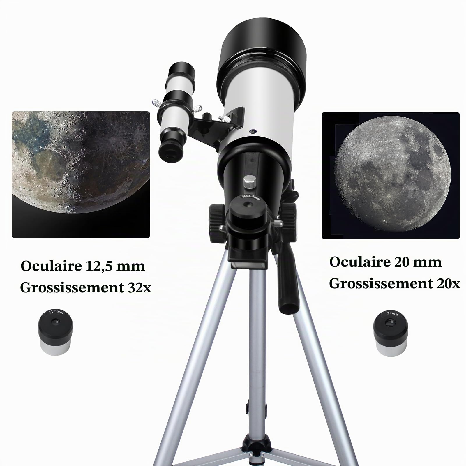 Télescope pour Adultes débutants, Ouverture 70 mm 400 mm AZ Mount Full Multi-Couches Réfracteur Optique Portable Télescope de Voyage avec trépied Adaptateur téléphone (White)