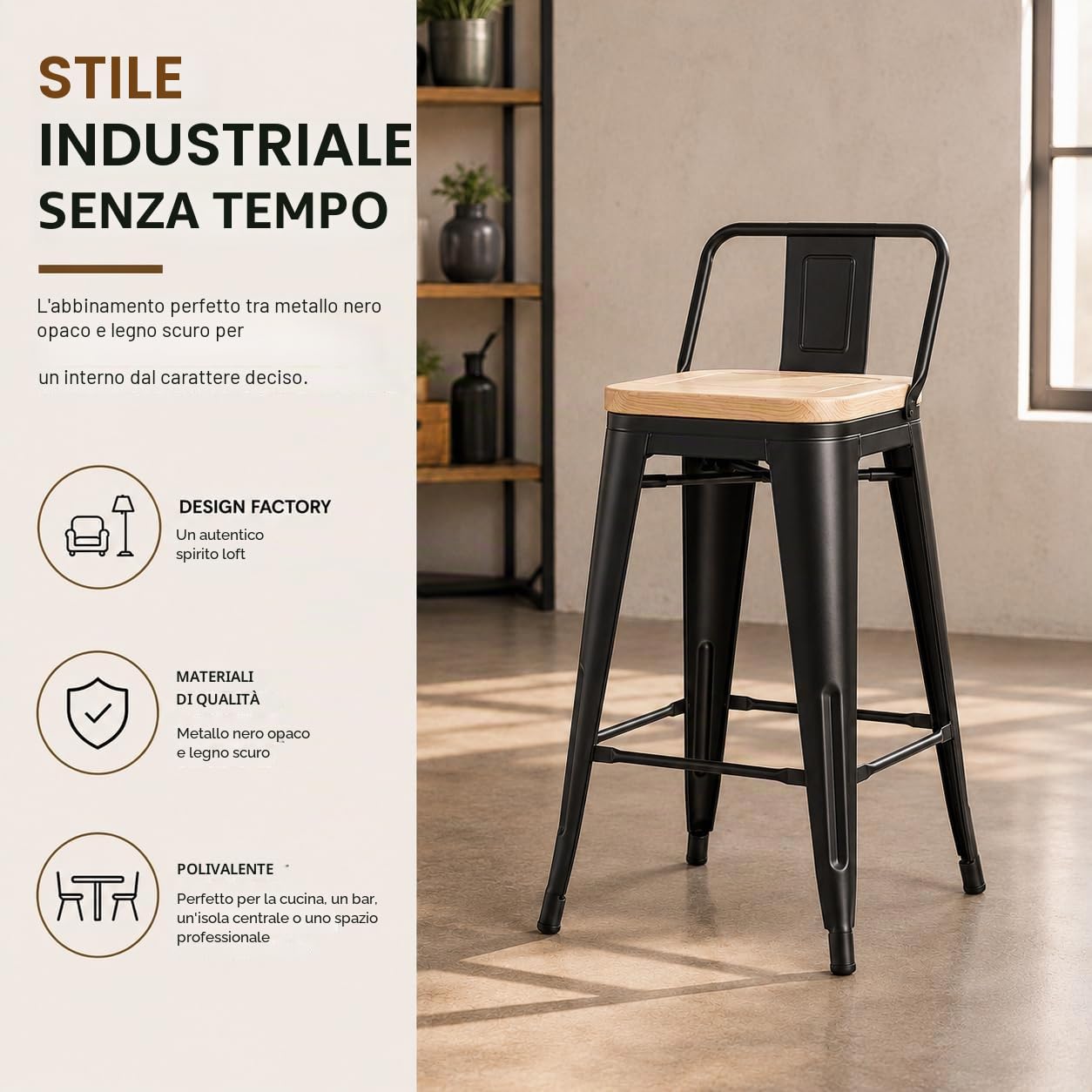 Kosmi - Chaise de Bar, Tabouret Moyen Style industriel avec Petit dossier en Métal Noir Mat et assise en Bois Naturel Clair, assise Hauteur 66cm