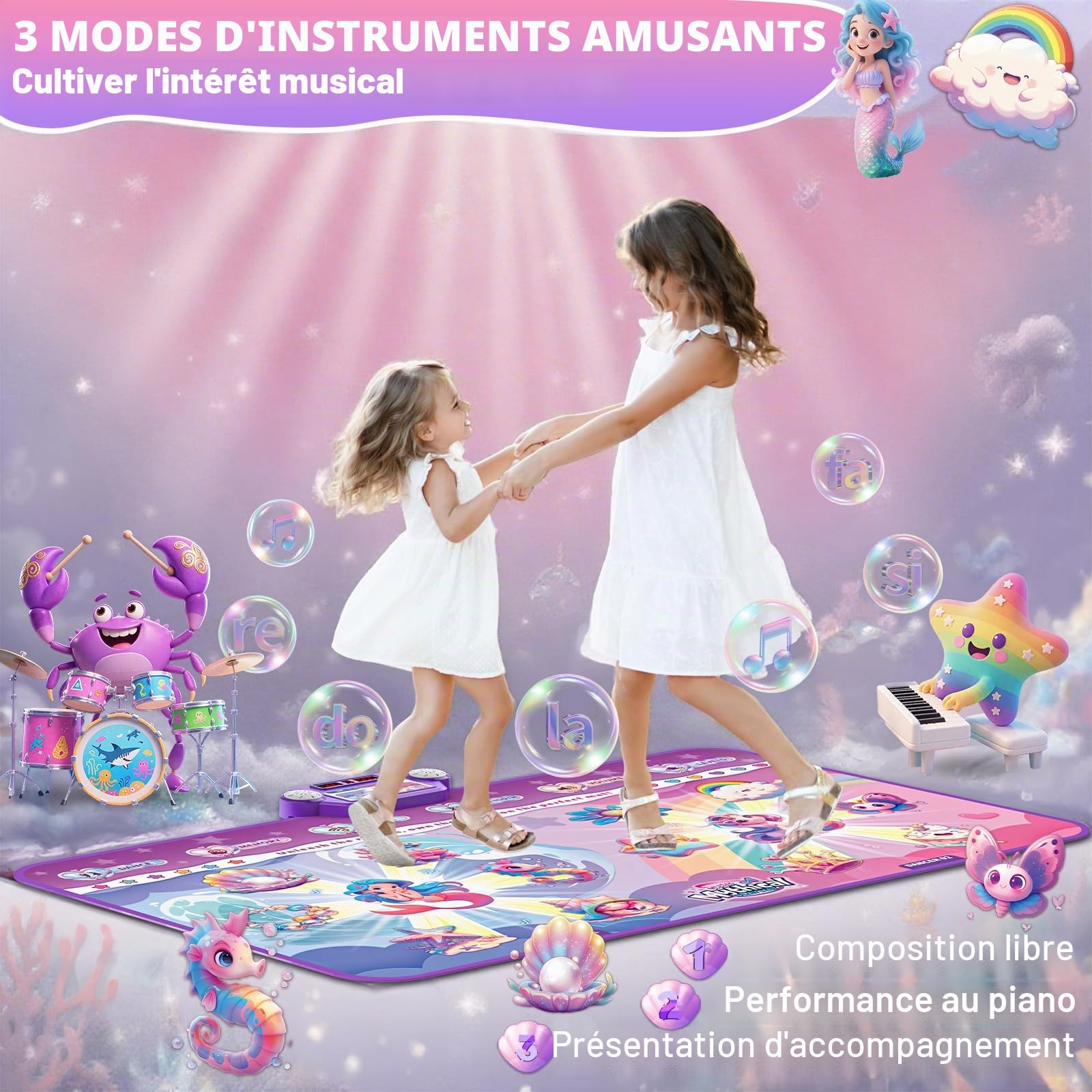 Tapis de danse Bluetooth amélioré 2025 pour 2 enfants, tapis interactif à 2 joueurs (4 modes améliorés), Merman & Unicorn avec boîte à piles LED, cadeau d'anniversaire