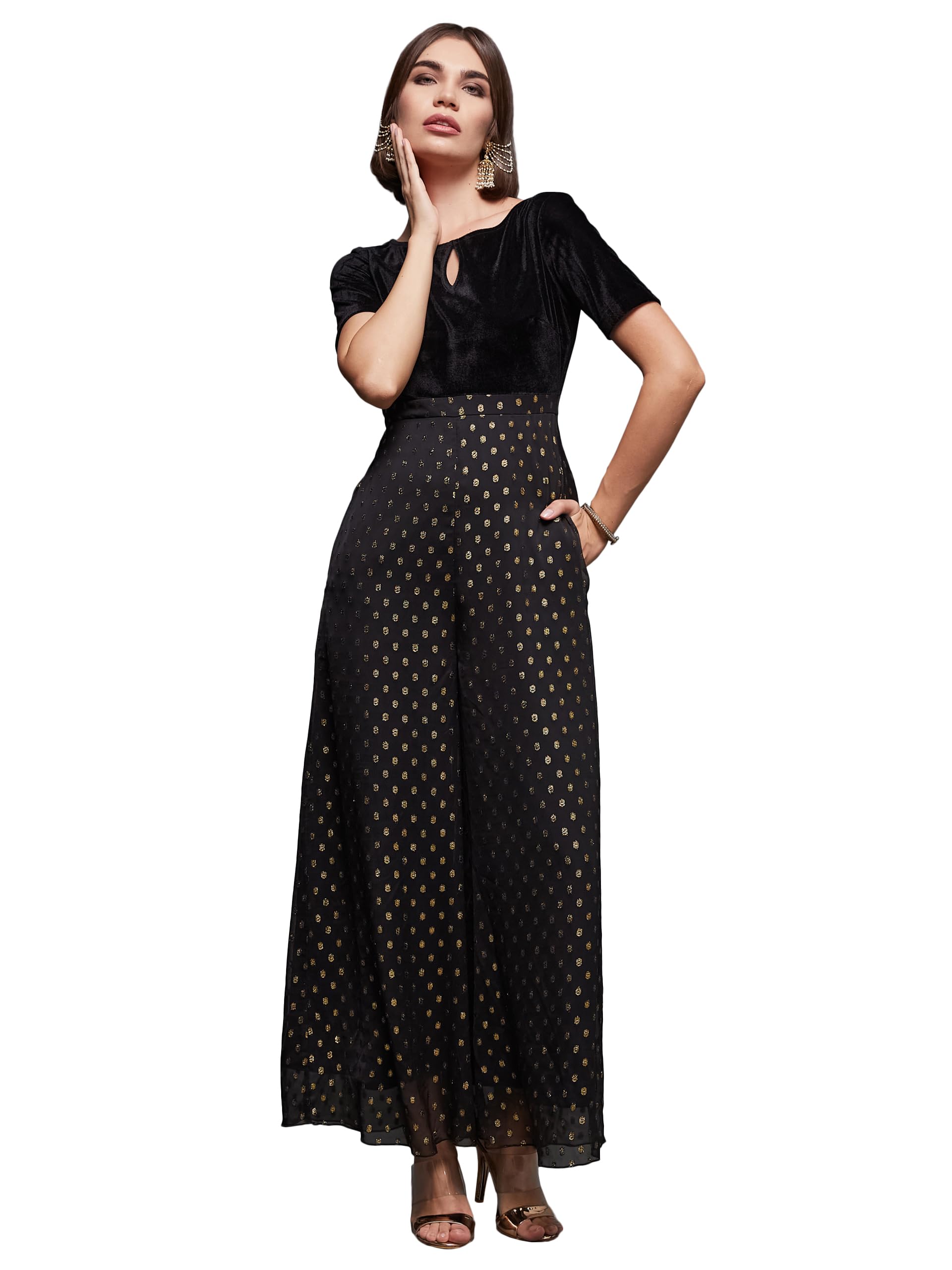 Women's Boat Neck Half Sleeve Wide Leg Regular Length Polyester Printed Jumpsuit with Pockets