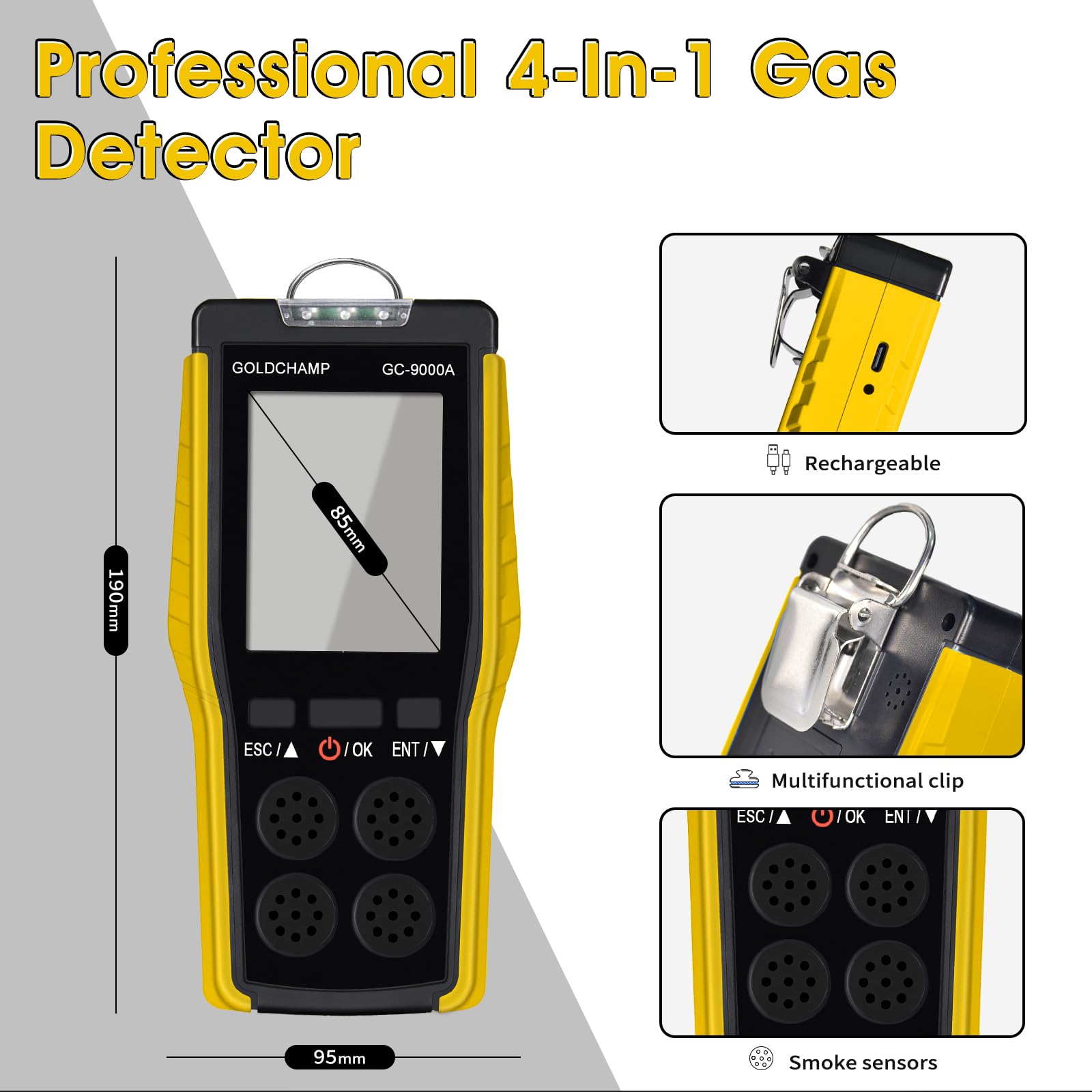 Détecteur de gaz 4 en 1 pour combustible/O2/H2S/CO, alarme son/lumière/vibration et écran LCD détecteurs de fuite de gaz pour la maison + anémomètre portable, 5 unités et interrupteur ℃/℉, testeur de
