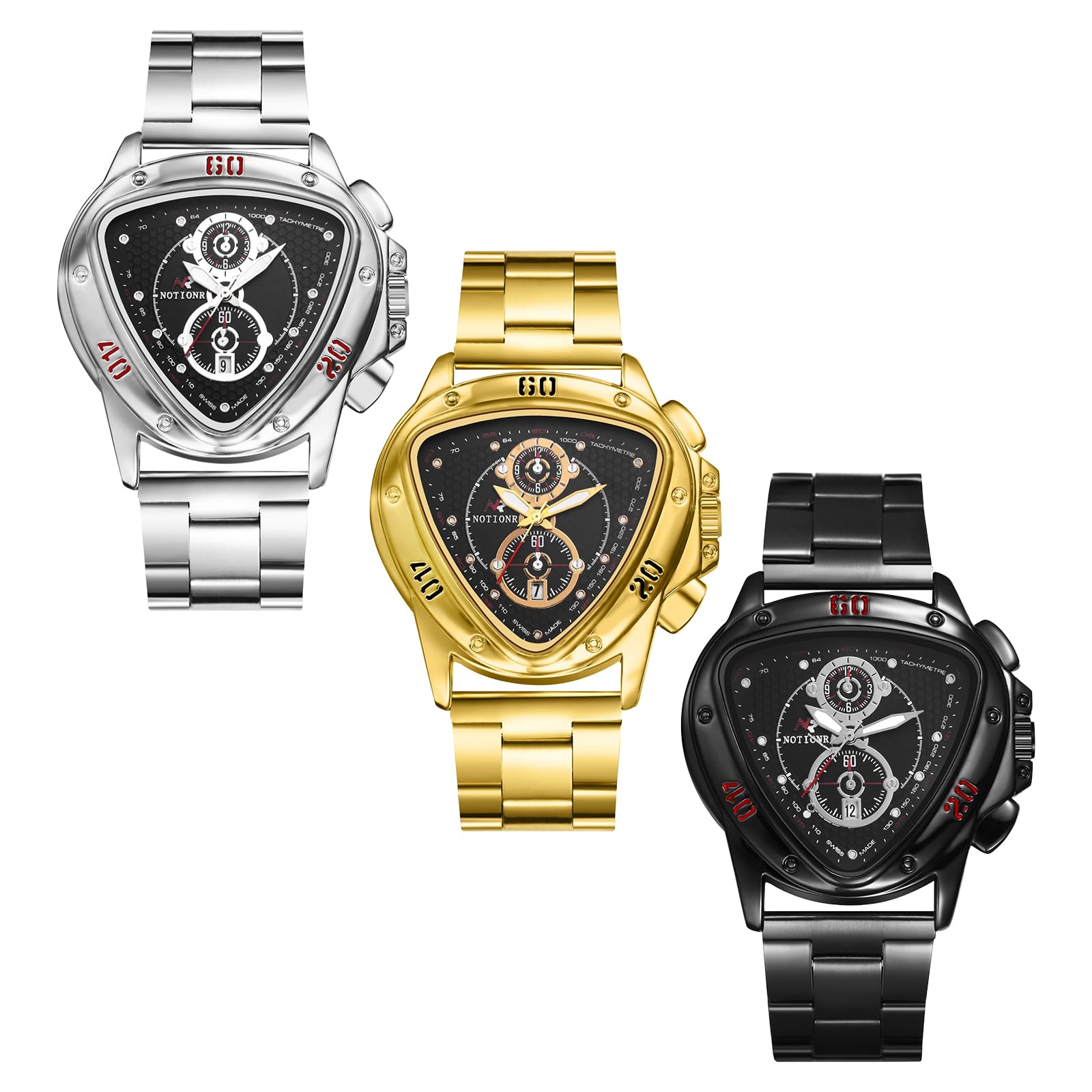 JewelryWe Herrenuhr Dreieckige Leuchtende Uhr Einzigartig Kalender Analog Quarz Armbanduhr Herren Edelstahl Armband Business Casual Uhr mit Leuchtzeigern und Dreiecksgehäuse