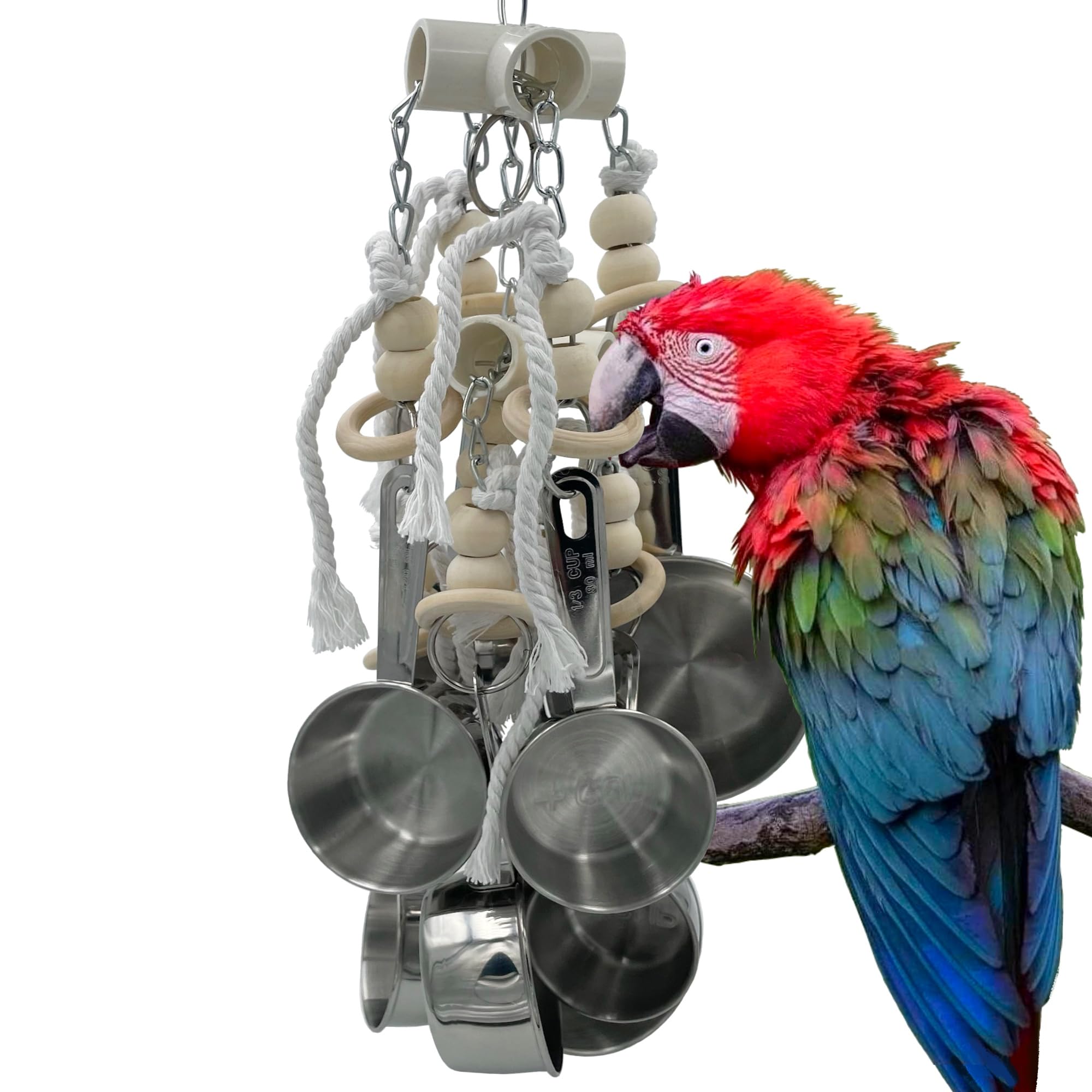 Durable Stainless Steel Pots & Wooden Beads Parrot Toys - Pullable 8 Metallic Cups & 8 Natural Dye-Free Rings for Large & Extra Large Parrots Macaws Amazons African Greys Cockatoos Eclectus