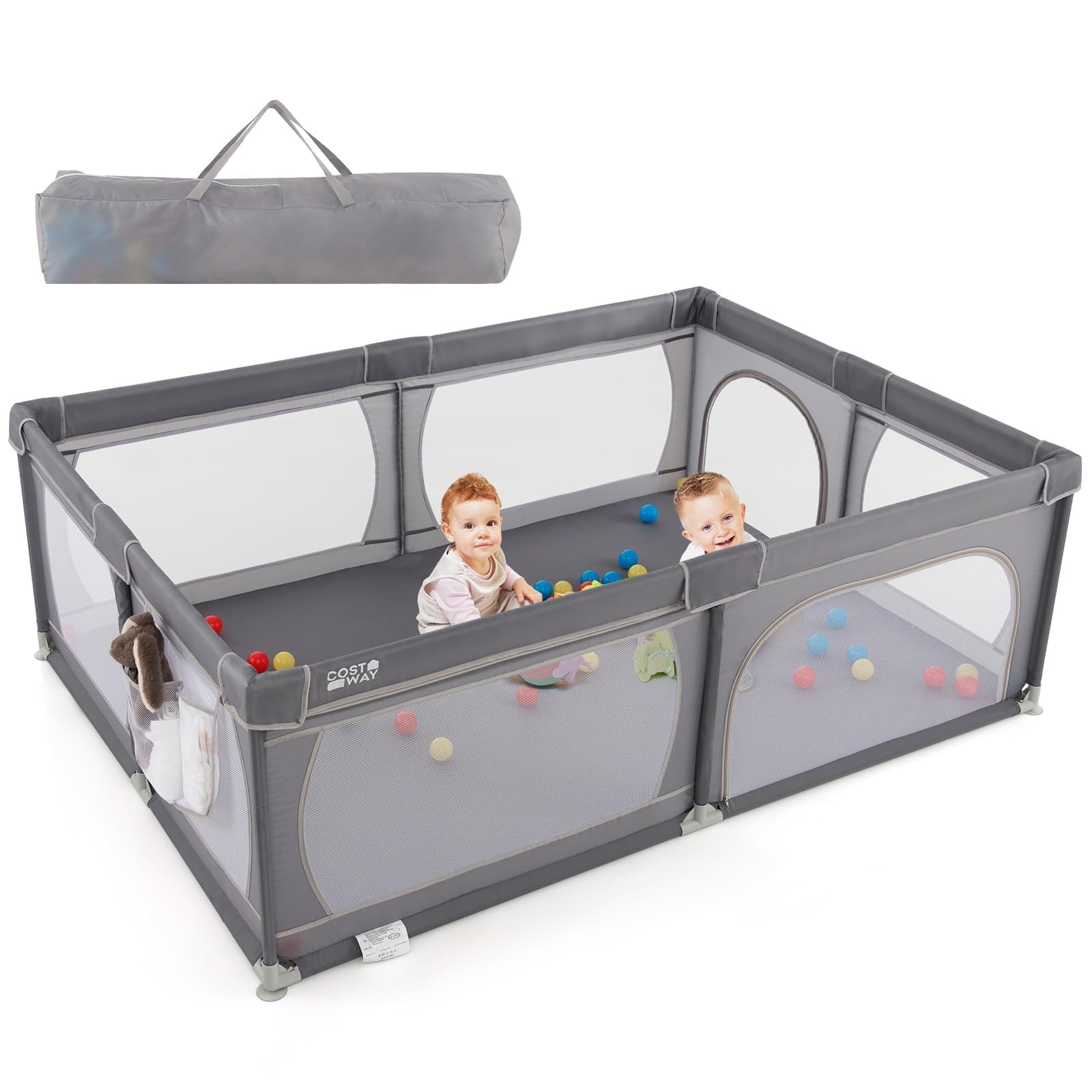 COSTWAY 205 x 147cm Laufstall Baby faltbar, Laufgitter mit 50 Bällen, 2 Türen, Seitentasche, atmungsaktivem Netz & Reißverschluss, Laufgitterzelt für Säuglinge & Kinder (Dunkelgrau)