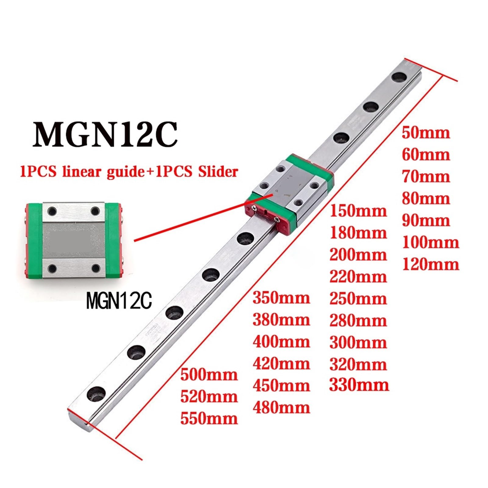 MGN12 prowadnica liniowa 50-550 mm + 1 x suwak MGN12C (180 mm)