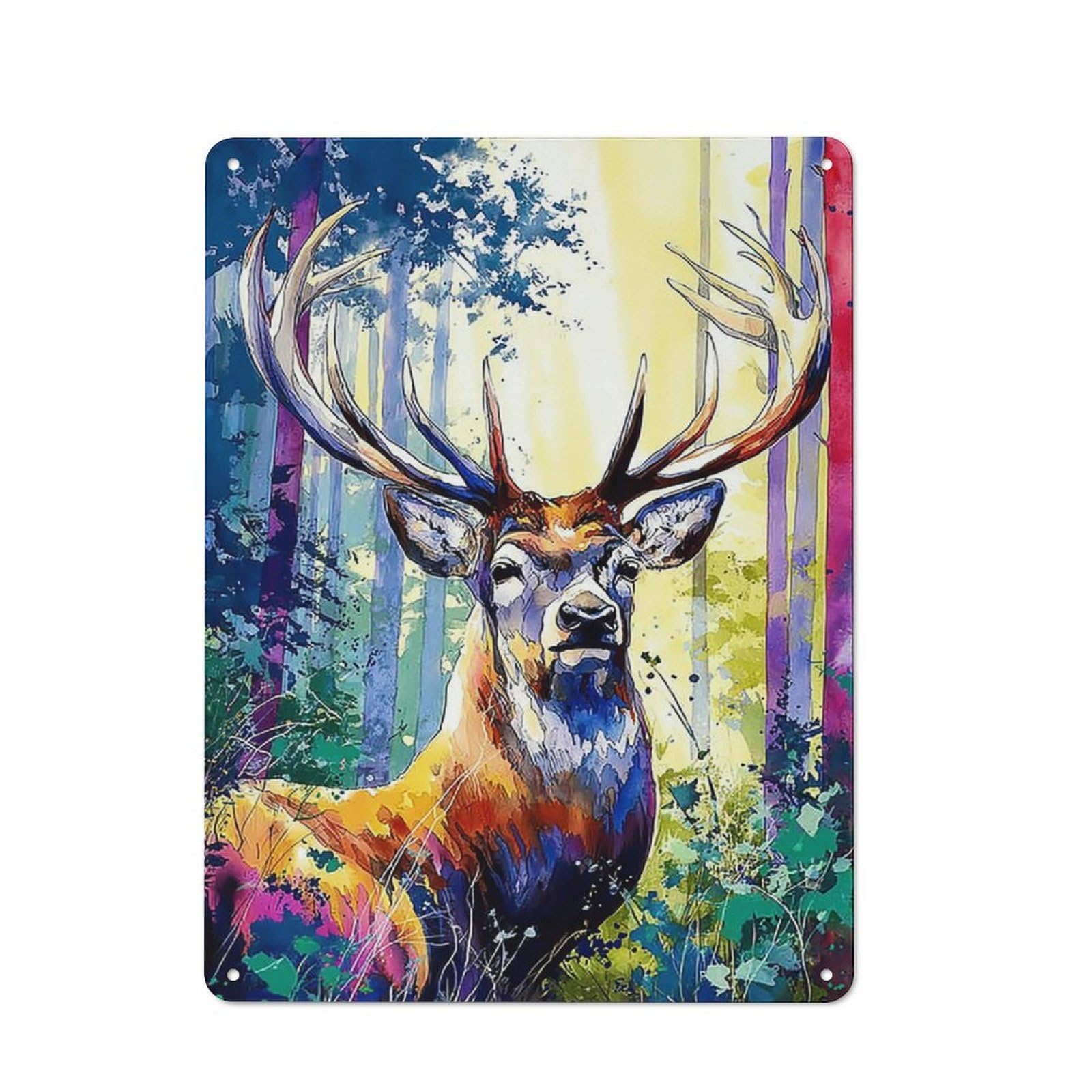 Junmoney Colorful Forest Deer Painting -2 Tin Wall Plaque 40X30cm With For Guest Room Or Hallway, For Garage, Workshop And Man Cave Decoration