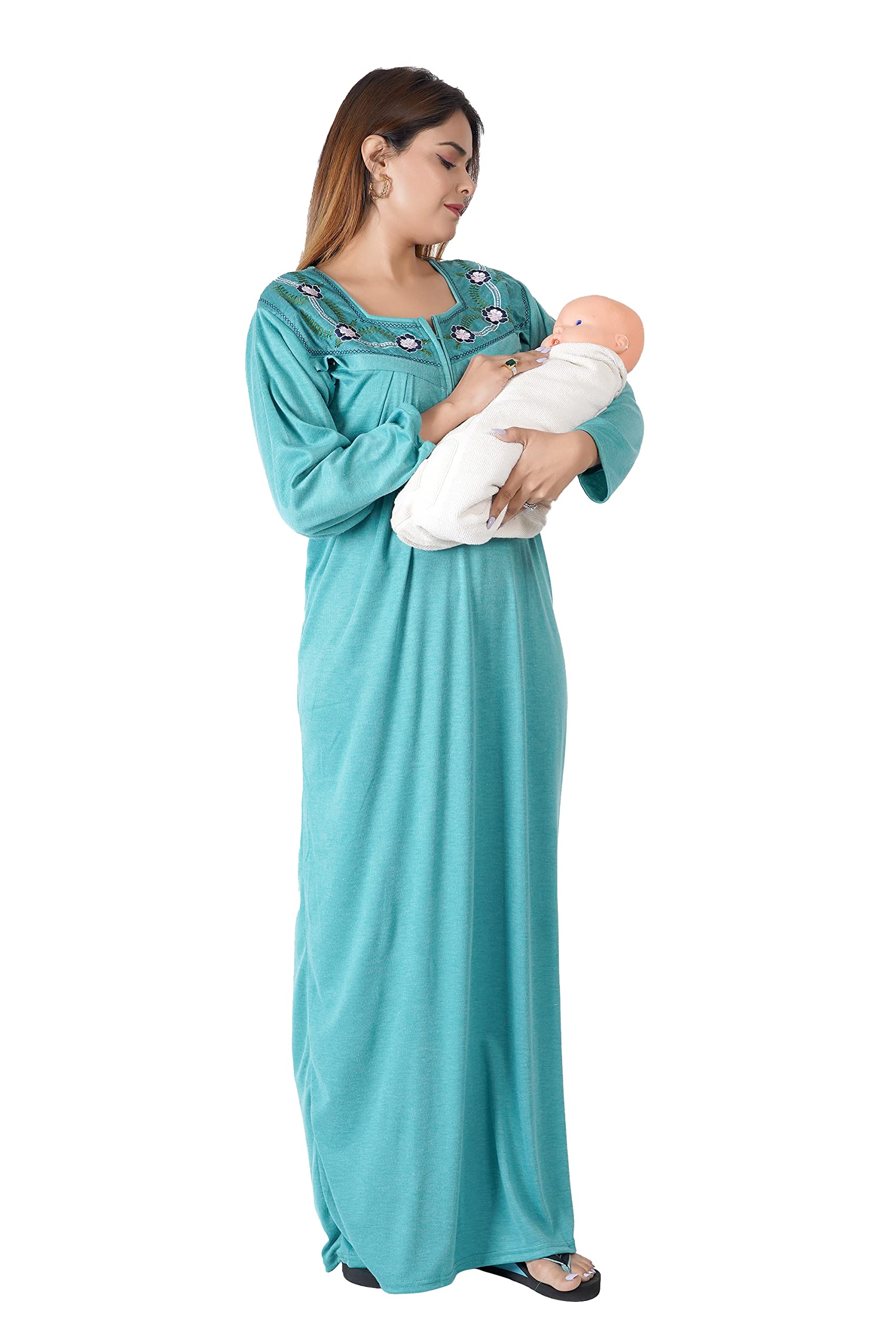 anglina Women's Full Sleeve Hosiery Cotton, Nursing, Feeding, Maternity Nighty - Zip Opening at Bust - Before and After Baby Multipurpose Night Dress-picture-30