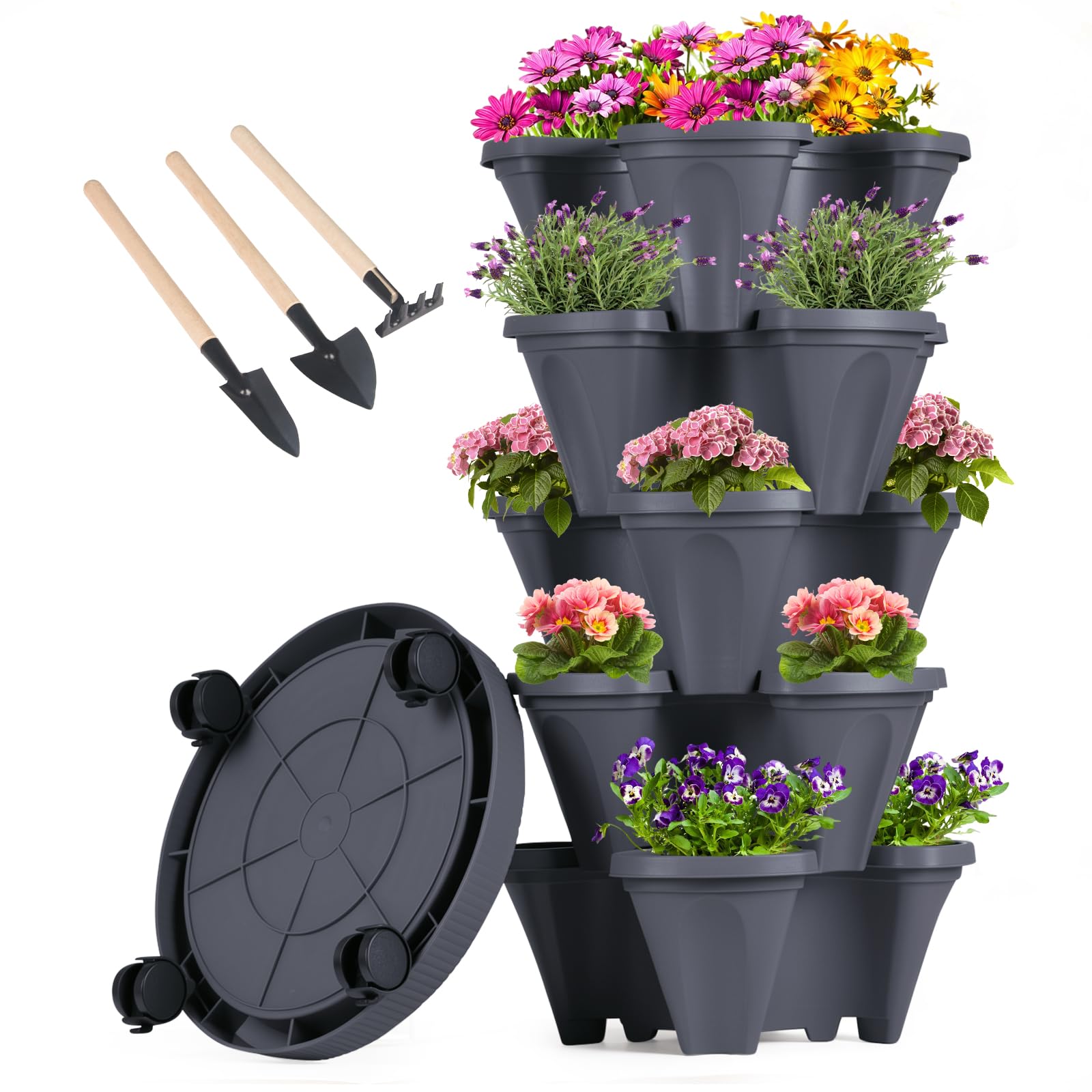 GameXcel Fioriere verticali impilabili da giardino a 5 ripiani per fragole, erbe, fiori e ortaggi, per interni ed esterni, vasi da giardinaggio con ruote rimovibili e attrezzi