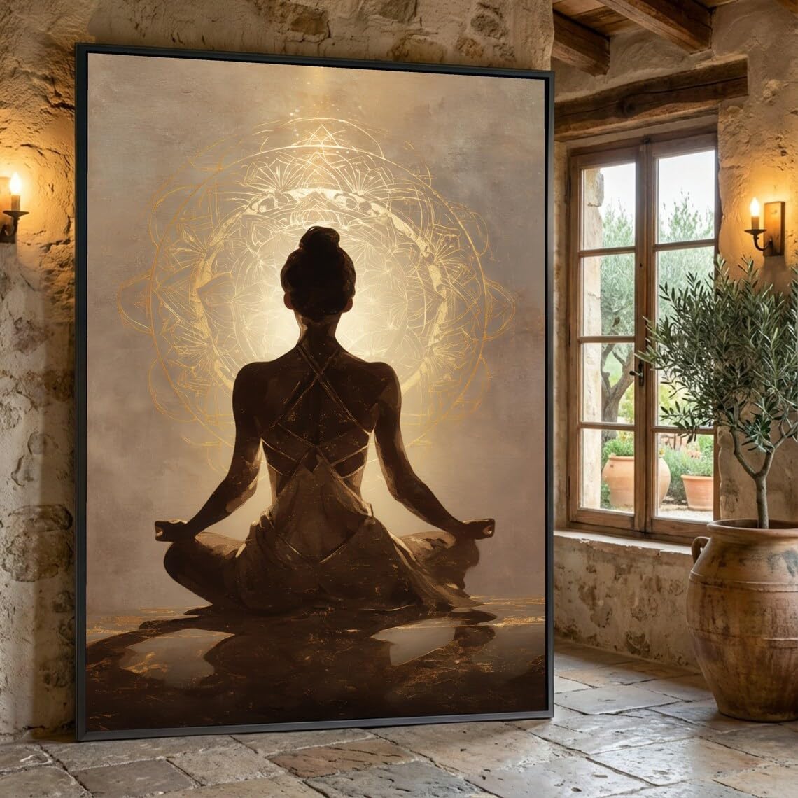 Golden Mandala Meditation Canvas, Spiritual Woman Silhouette Wall Art, Yoga Studio Decor, Mindfulness Meditation Canvas(70x100cm/Frameless)