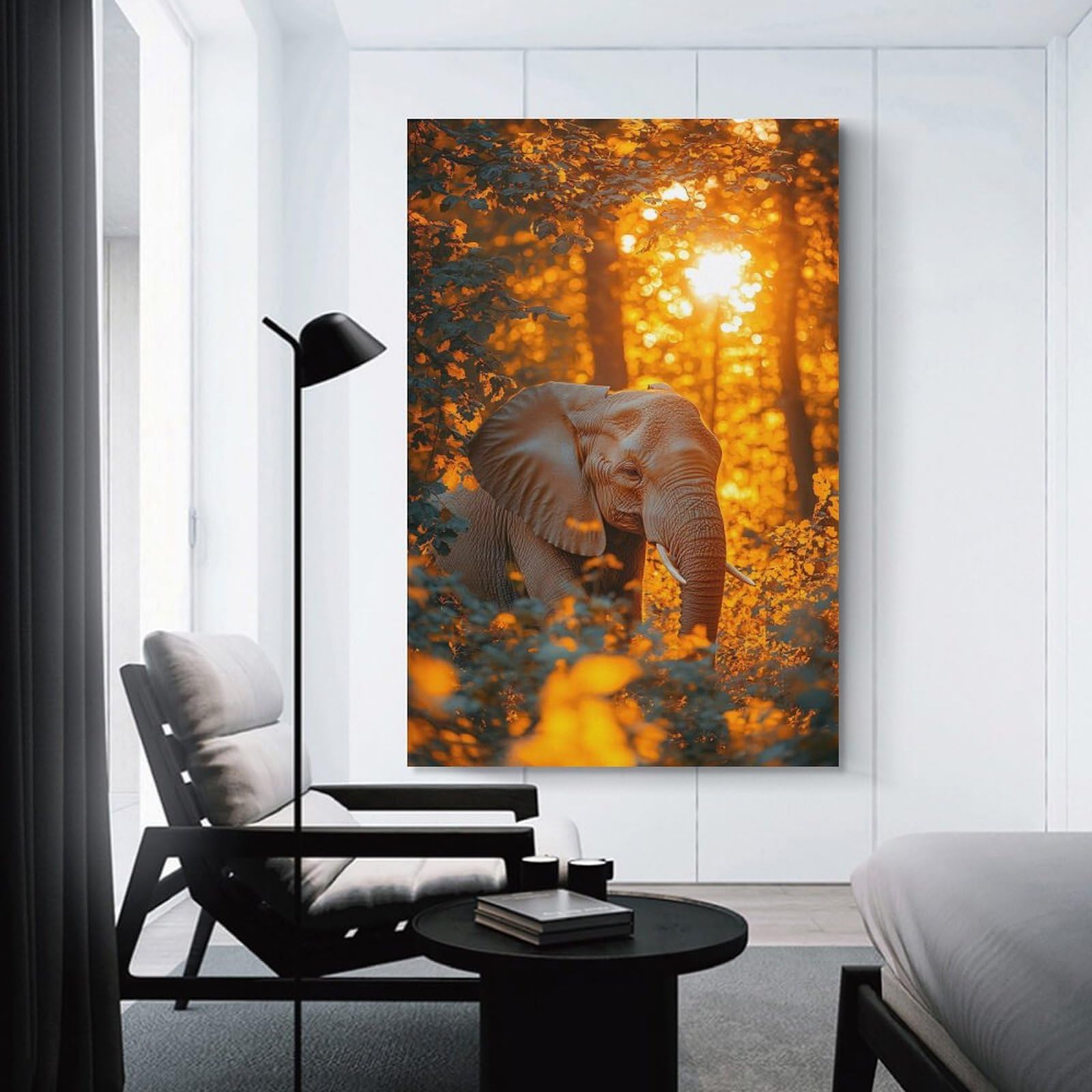 Junmoney Elephant in Golden Forest Light Canvas Art Print 24x36inch(60x90cm), for New Homes, Bedrooms Or Workspaces, Gift Idea for Housewarming And Birthdays