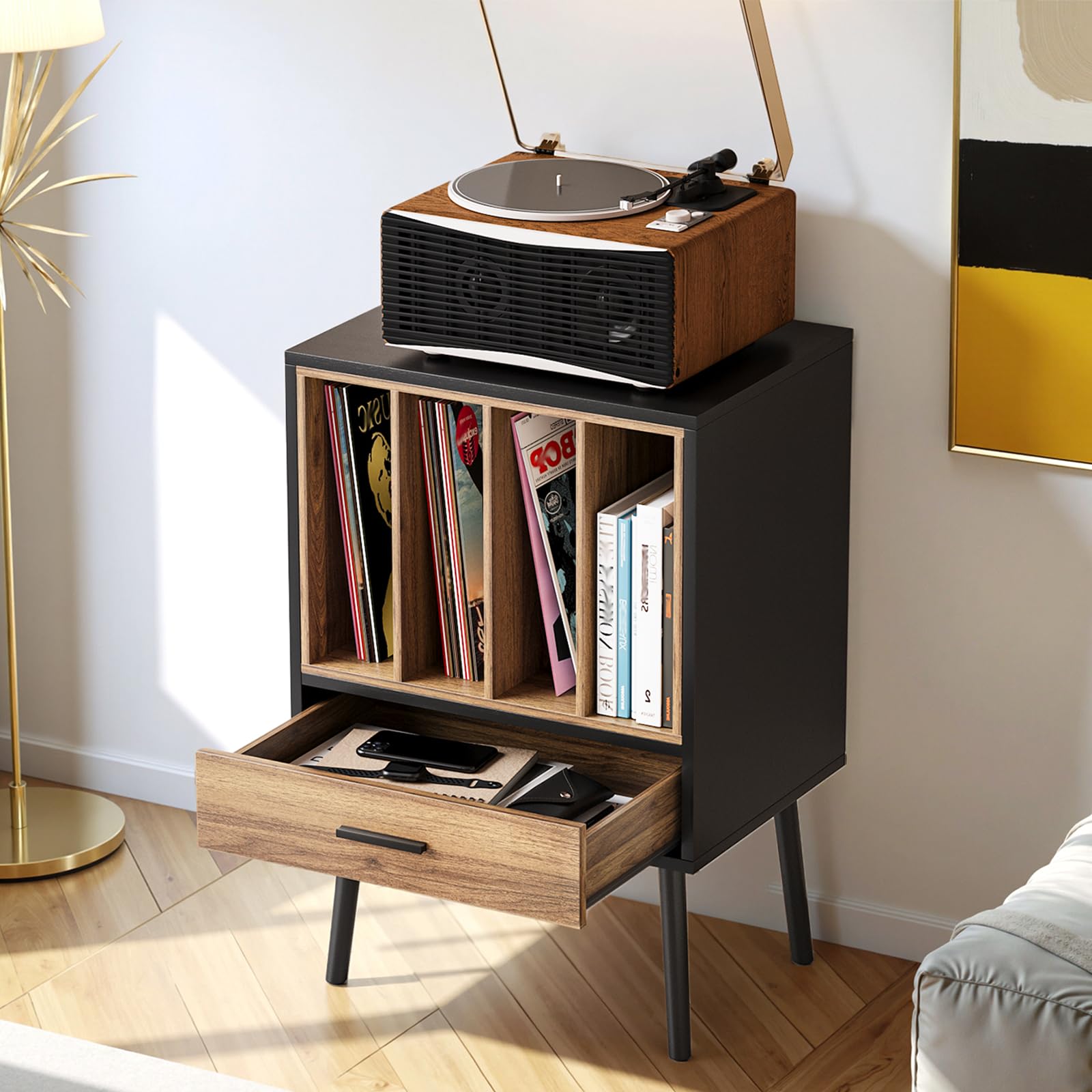 Kiasthome Support de tourne-disque noir avec caisse de rangement et tiroir, table d'appoint pour tourne-disque vinyle avec pieds en bois massif, pour salon, chambre à coucher