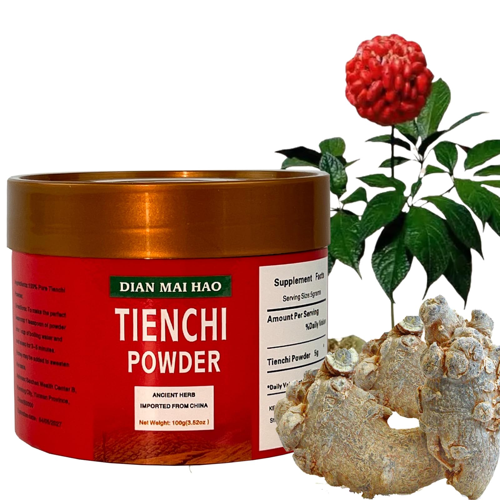 DIAN MAI HAO 100g (3.5oz) 三七粉100% Pure Tienchi Powder Pseudoginseng Notoginseng Sanqi Powder Tienchi Ginseng Powder 田七粉 1200mesh