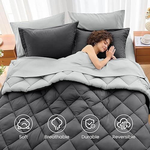 Miniatura 181 de MUXHOMO Juego de edredón Queen de 7 piezas, cama reversible en una bolsa, tamaño Queen, juego de ropa de cama para todas las estaciones con edredón