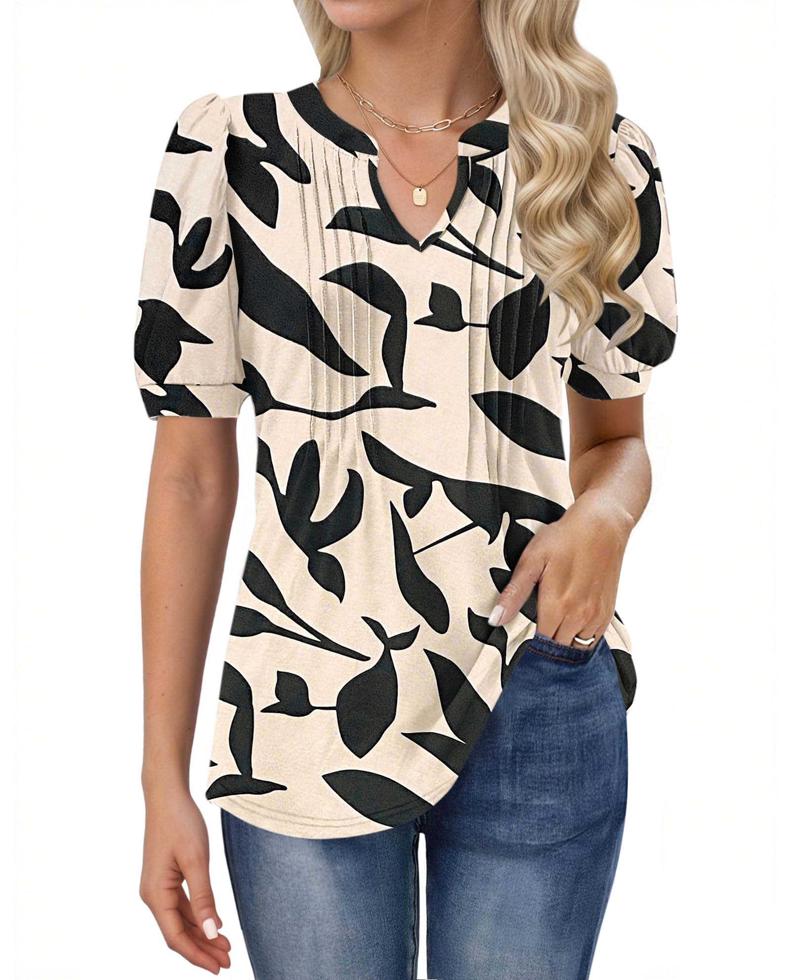 MOLERANI T Shirts for Women - V Neck Tops Loose Casual Puff Short Sleeve T-Shirt Front Pleated Blouse Apricot Black Leaf XL
