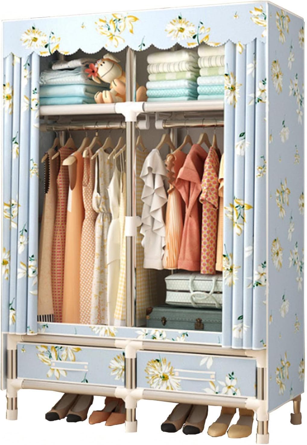 Portable Canvas Wardrobe,Foldable Clothes Closet Storage Organizer,Fabric Wardrobe with Hanging Rail,Fabric Cover,Storage Closet for Clothes,Bags,C-100x45x172cm