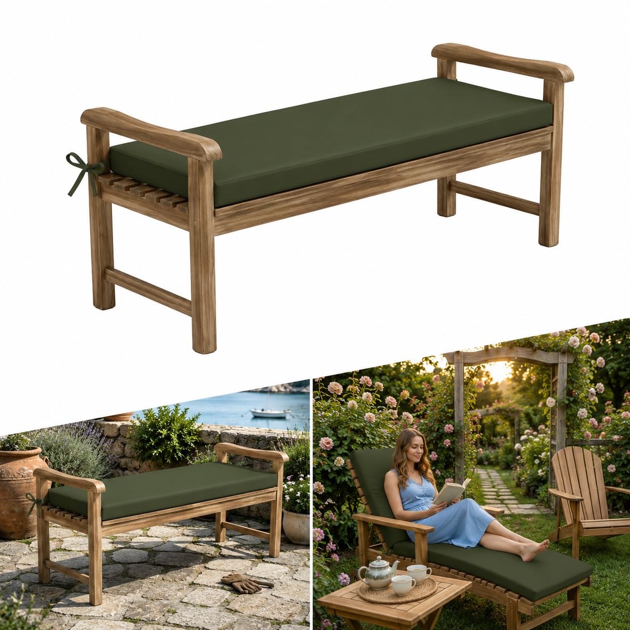 AZMAHT Waterproof Garden Bench Cushion Outdoor Furniture Cushions 2 3 4 Seater Garden Cushions 5cm Thick Bench Seat Pad with Straps & Removable Cover for Patio Swing Seat Sofa,army green,140x45x5cm