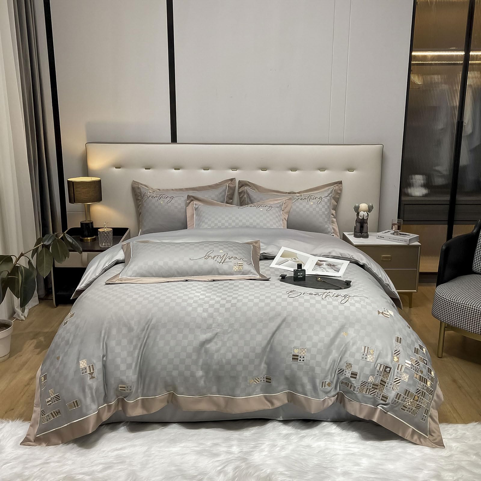 Xrare Bedding Set 4Pcs, King Size Duvet Cover Set, Jacquard Satin Quilt Cover(220x240cm), Embroidery Pattern Bed Set, SilverGrey-LightGrey
