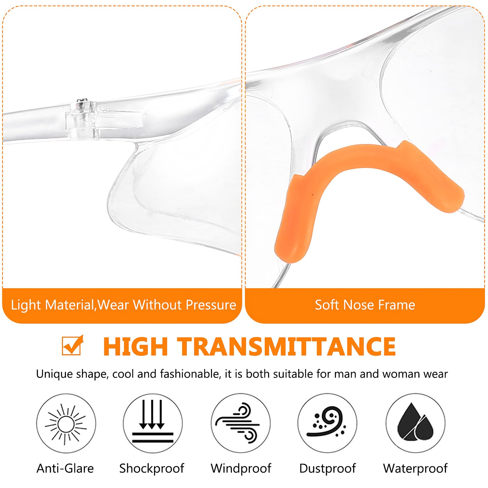 10 Stück Schutzbrille Arbeitsschutzbrillen, Transparent Sicherheitsbrillen Arbeitsschutzbrille mit Gummieinsatz Augenschutzbrille für Schießsport Herren Damen (Orange)